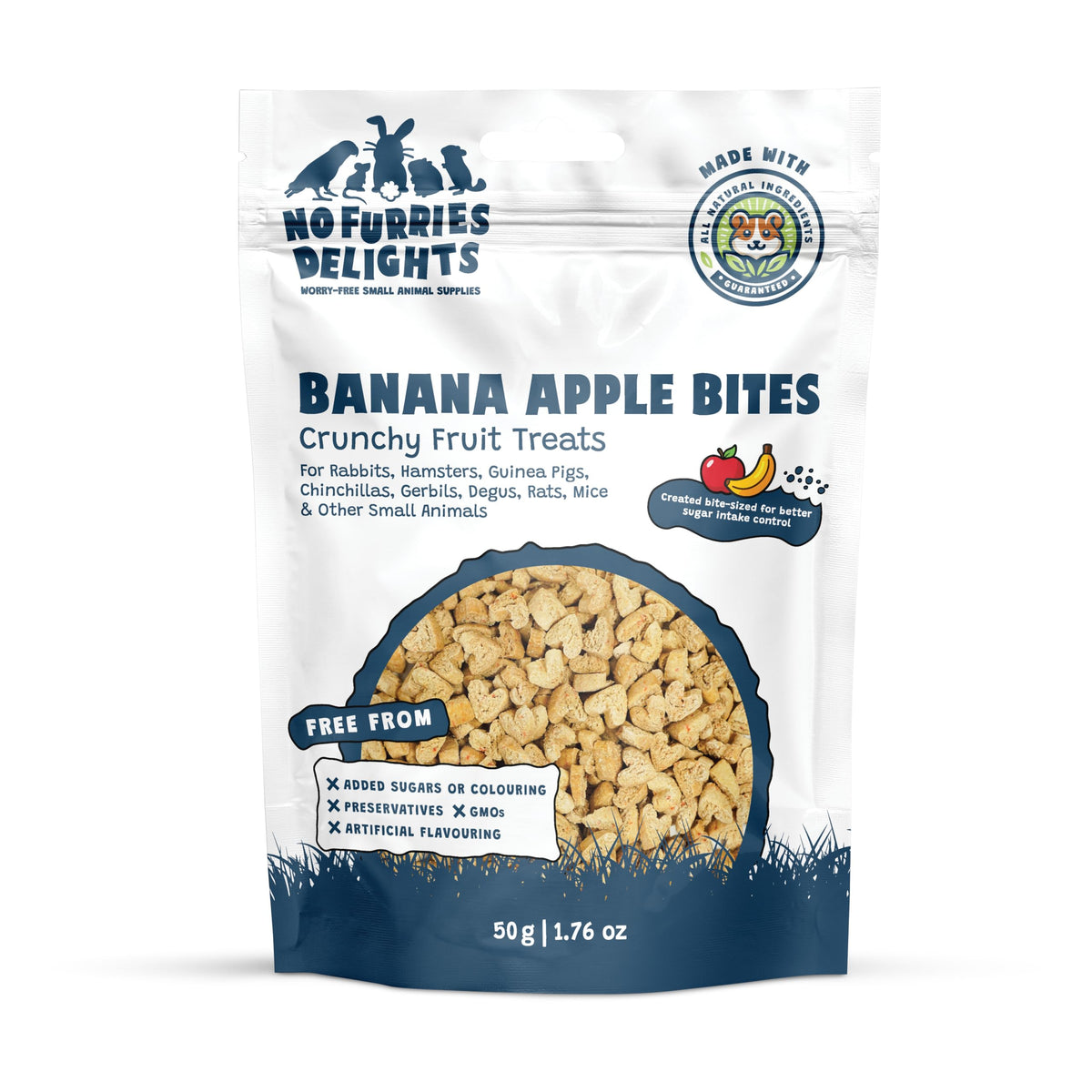 Friandises No Furries Delights – bouchées banane-pomme pour petits animaux, goût naturel.