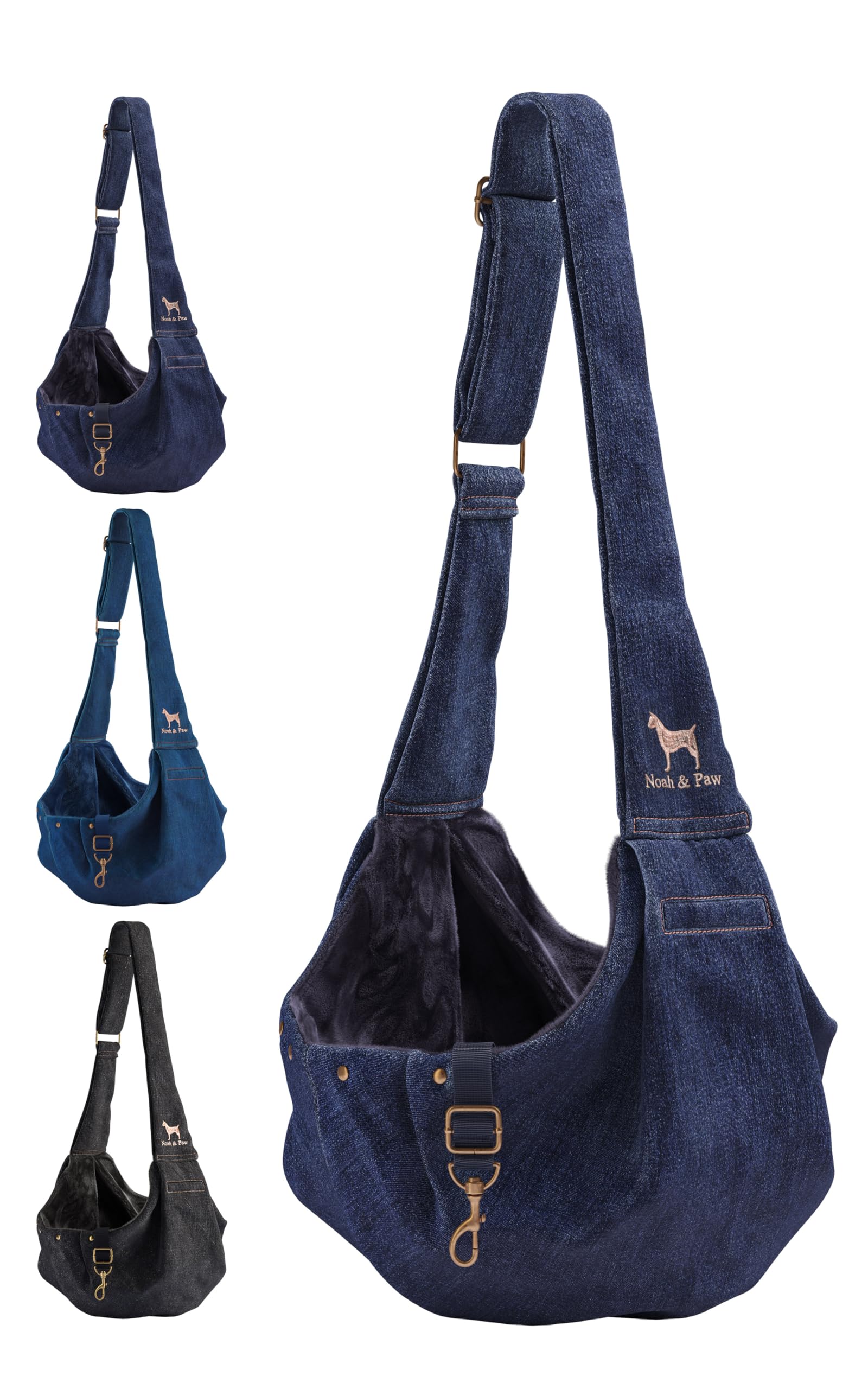 Noah & Paw sling en denim premium pour le transport élégant et sûr d’un petit chien.
