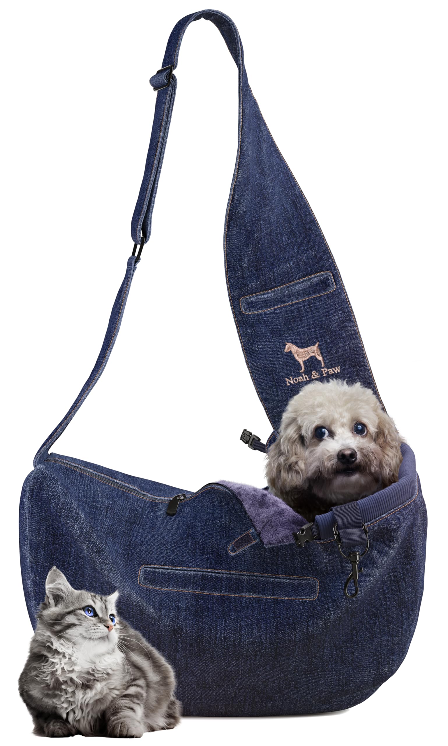 NOAH & PAW sac-portage pour chien petit en denim végan, confortable et sûr.