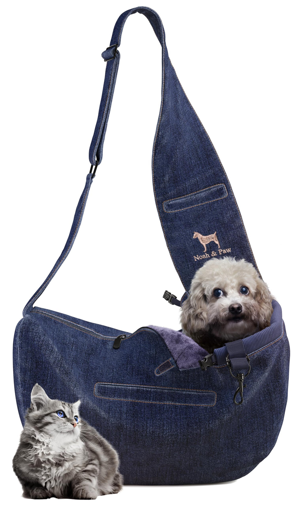 NOAH & PAW sac-portage pour chien petit en denim végan, confortable et sûr.