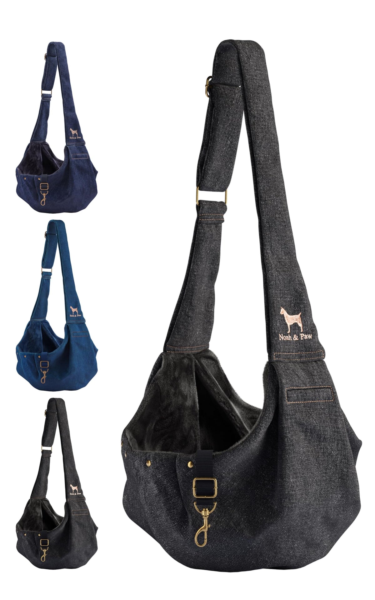NOAH & PAW sling denim carrier avant: confort élégant pour petit chien en promenade.