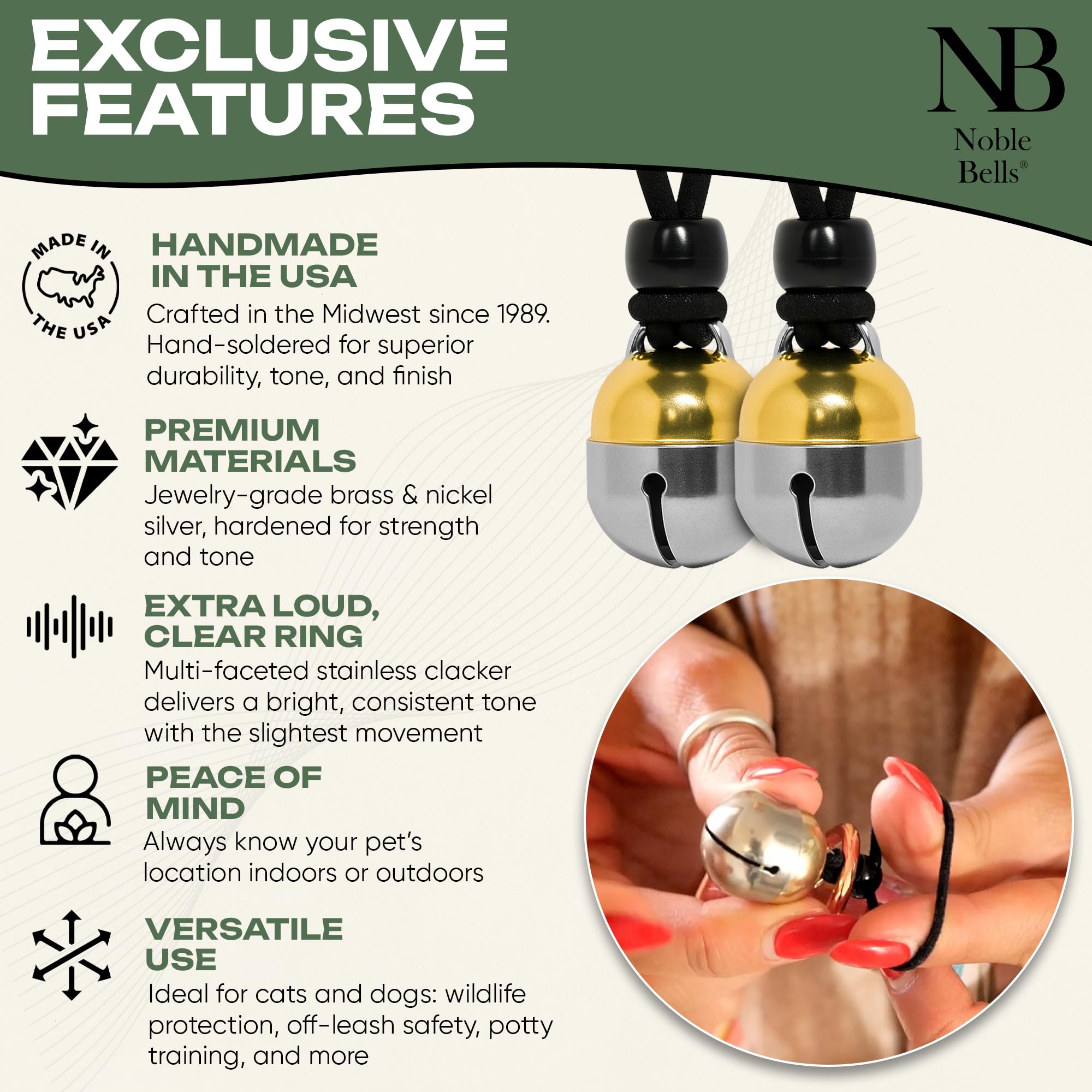 Noble Bells clochette-collier-exterieur, idéale pour sorties en plein air et sécurité.