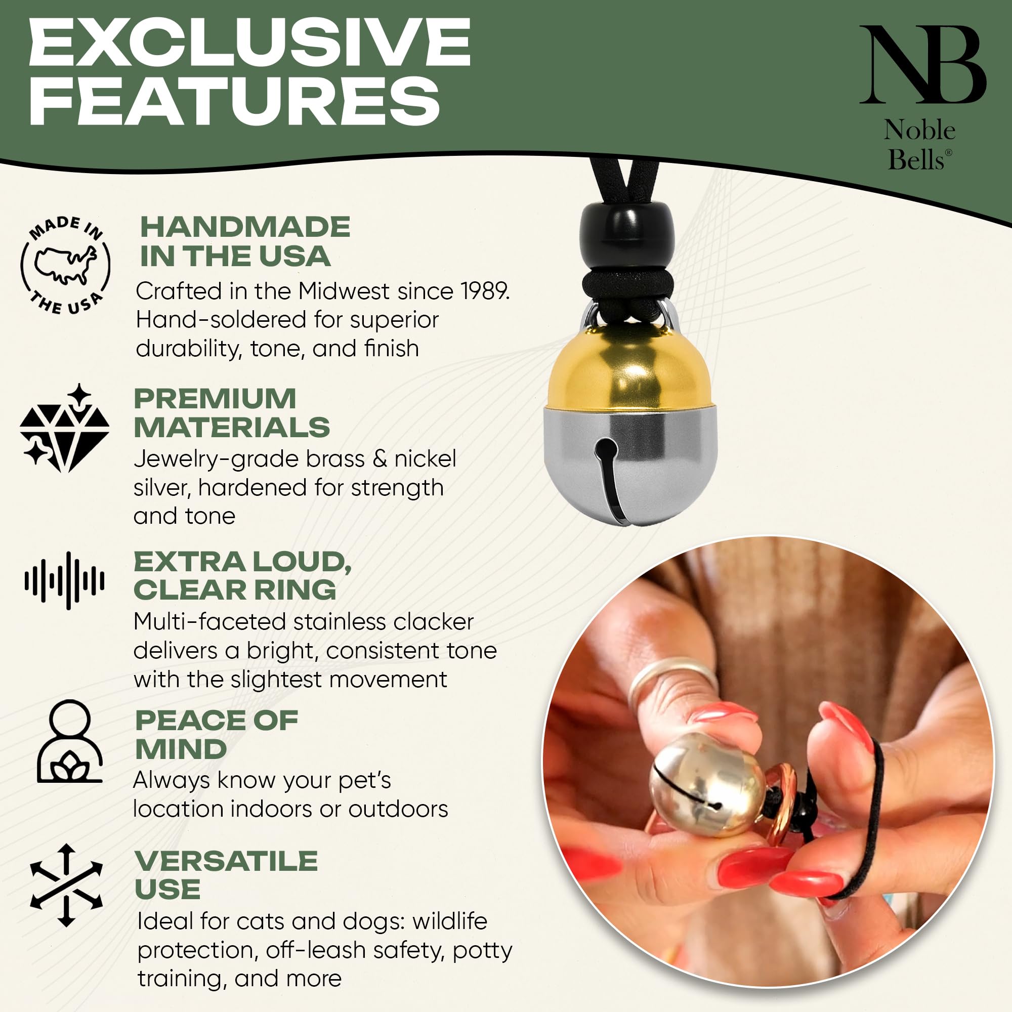 Matériaux premium en laiton et argent nickelé, clochette Noble Bells durable et résiliente