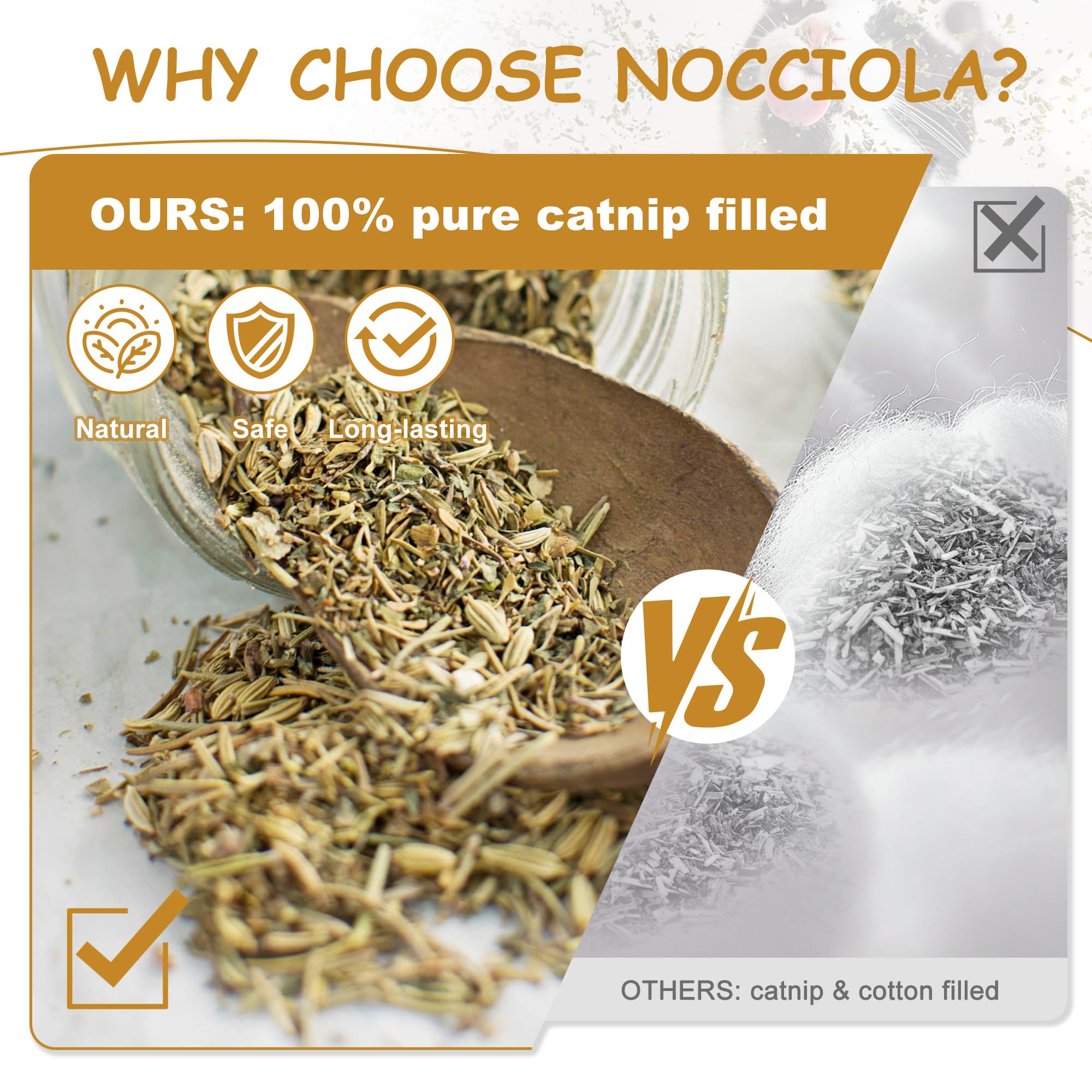 Plan rapproché sur les jouets Nocciola avec herbe-aux-chat bio.