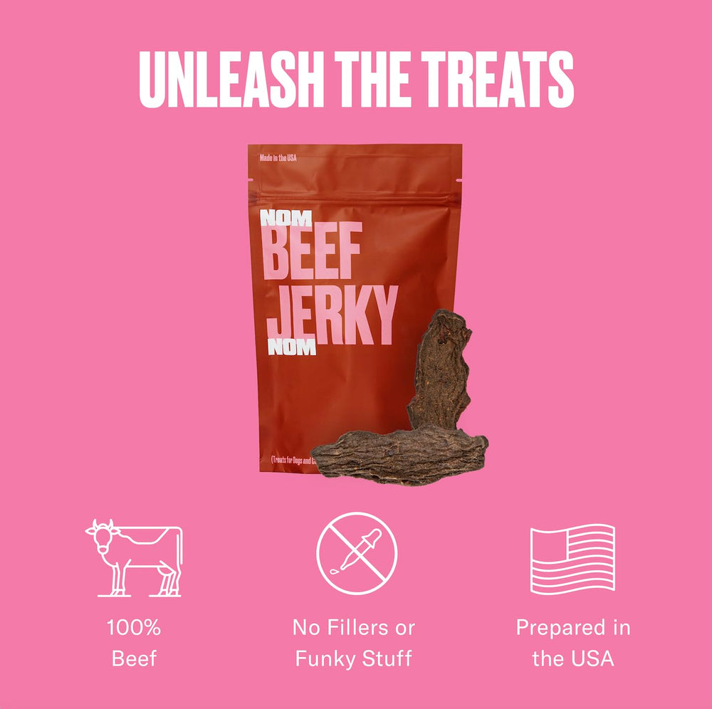 Nom Nom Beef Jerky – Utilisées comme récompense lors des sessions d’entraînement ou de jeux.