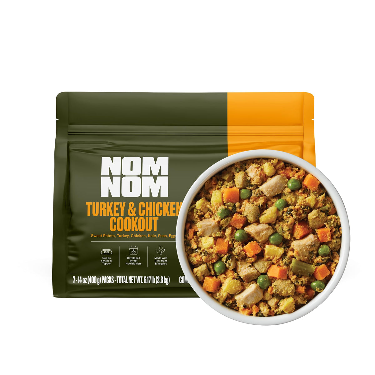 nom-nom poche congelée dinde poulet barbecue, repas pratique et frais pour chien.