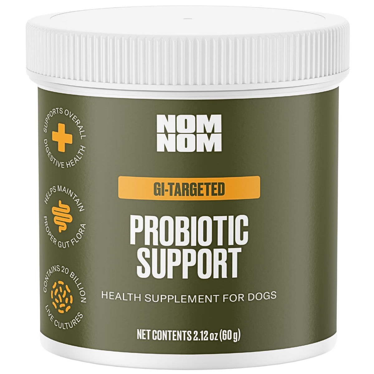 Nom Nom Probiotique Chien – Bouteille montrant le soutien digestif potentiel.
