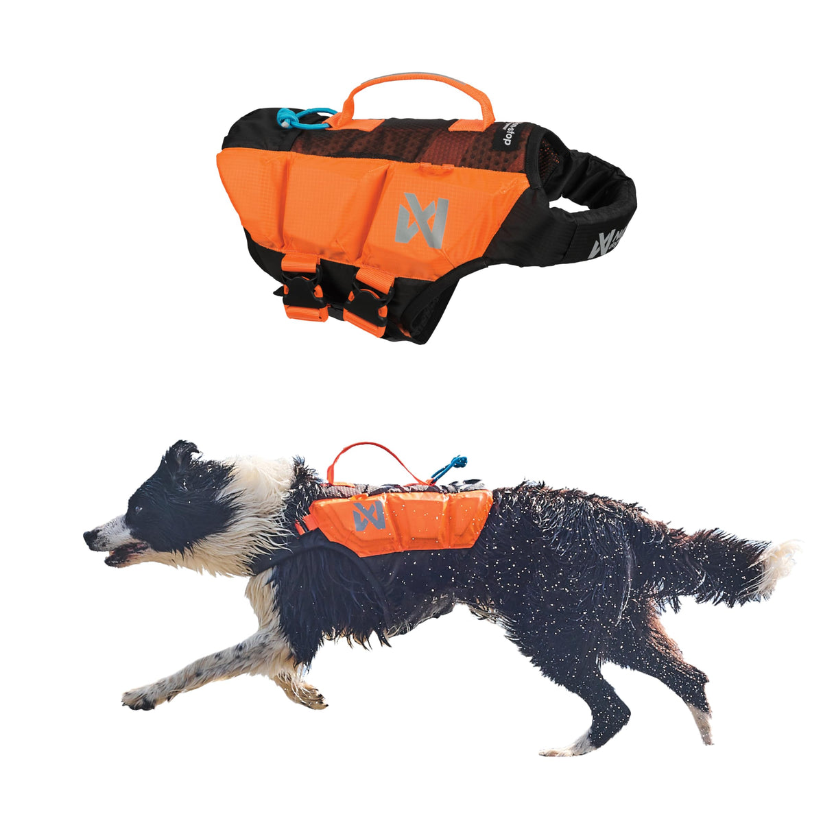 Protector gilet de sauvetage chien Non-stop dogwear vu avant, stabilité sur l’eau.
