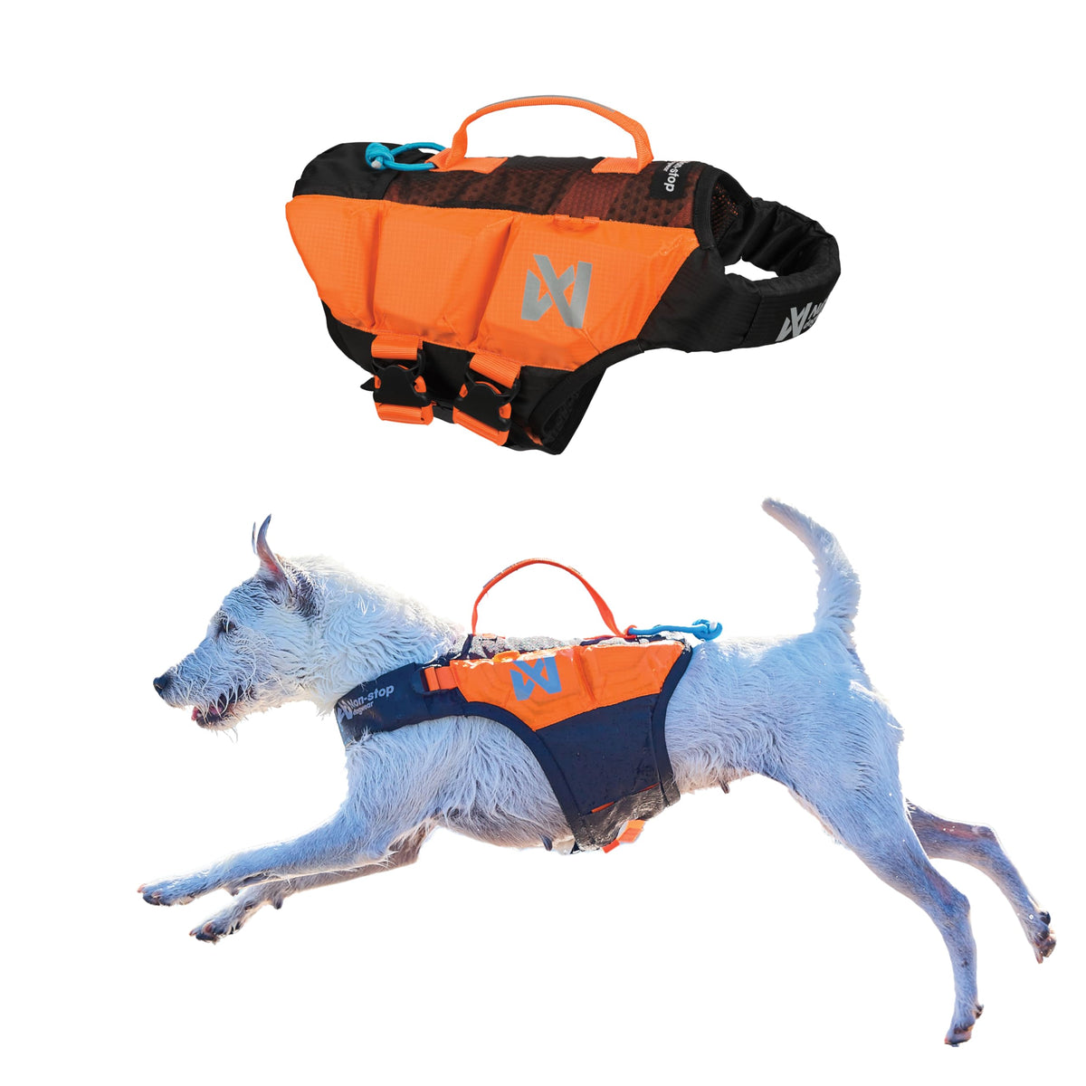 Non-stop dogwear Protector Life Jacket sur chien nageant, mouvement et sécurité accrus.