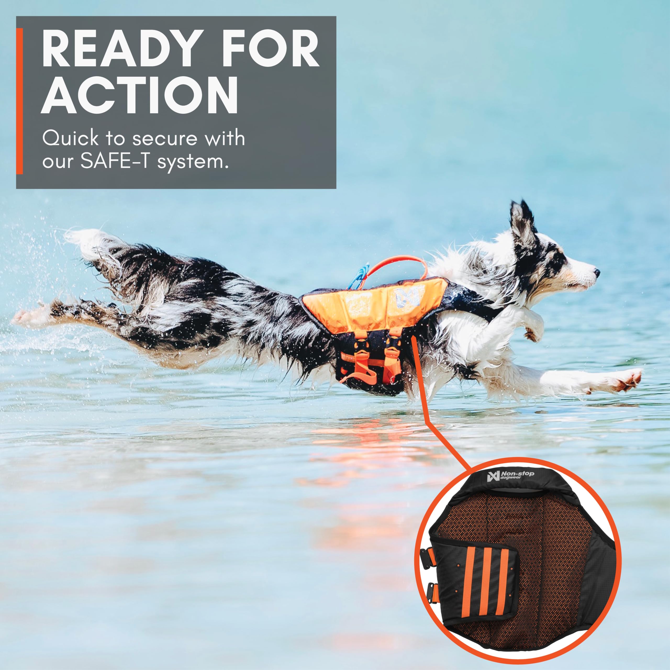 Protector logo réfléchissant Non-stop dogwear, visibilité accrue dans l’eau.