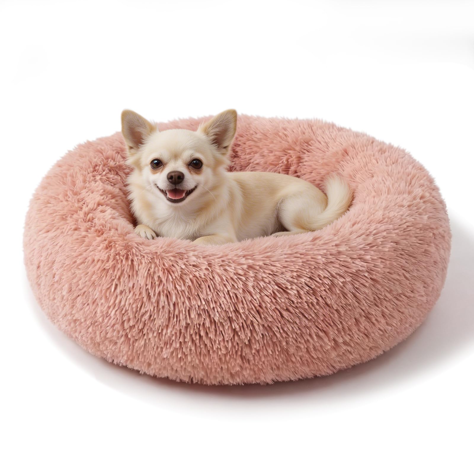 Nononfish lit en forme de beignet pour petit chien rose, confort chaleureux pour le repos.