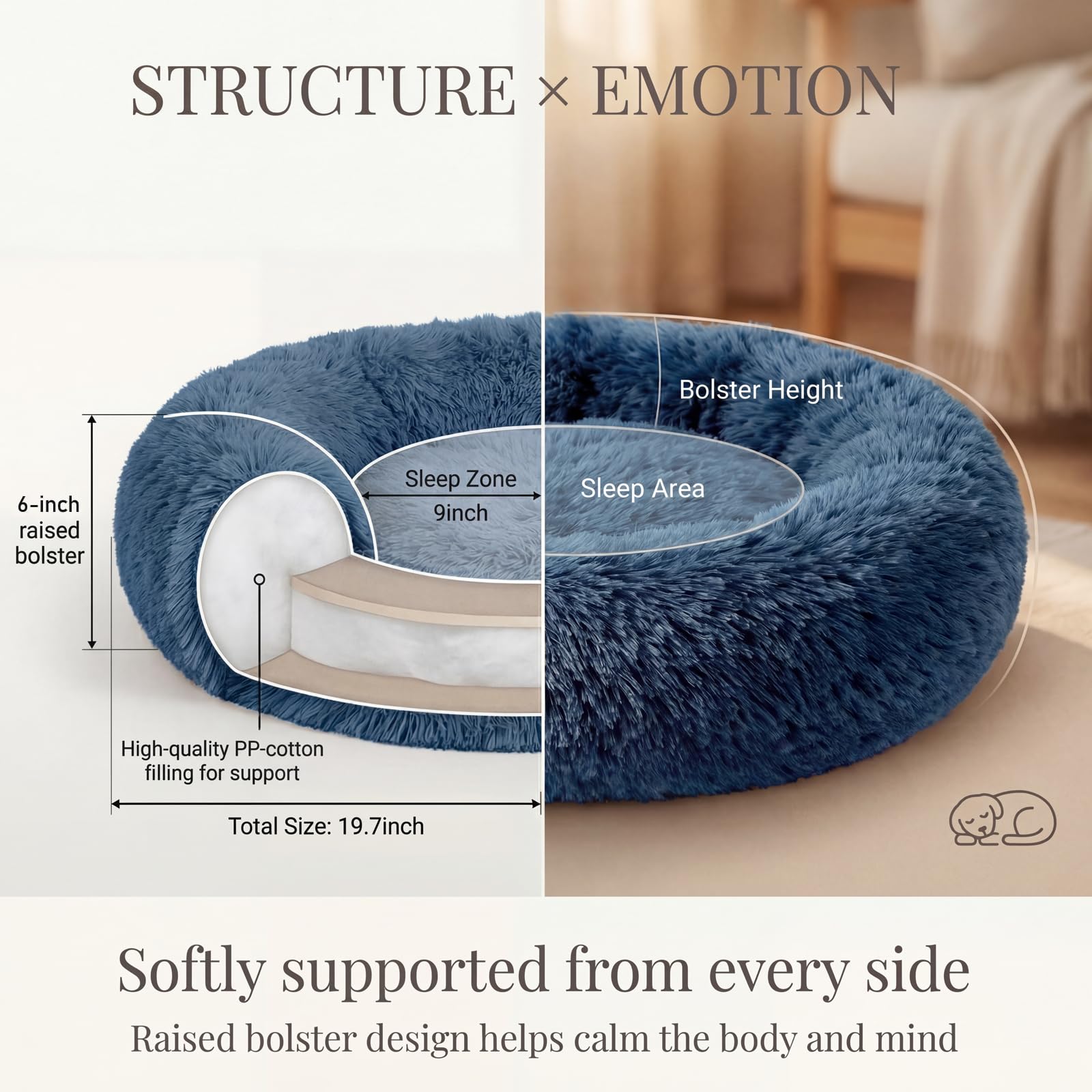 Petit animal sur lit donut Nononfish bleu marine, espace confortable.