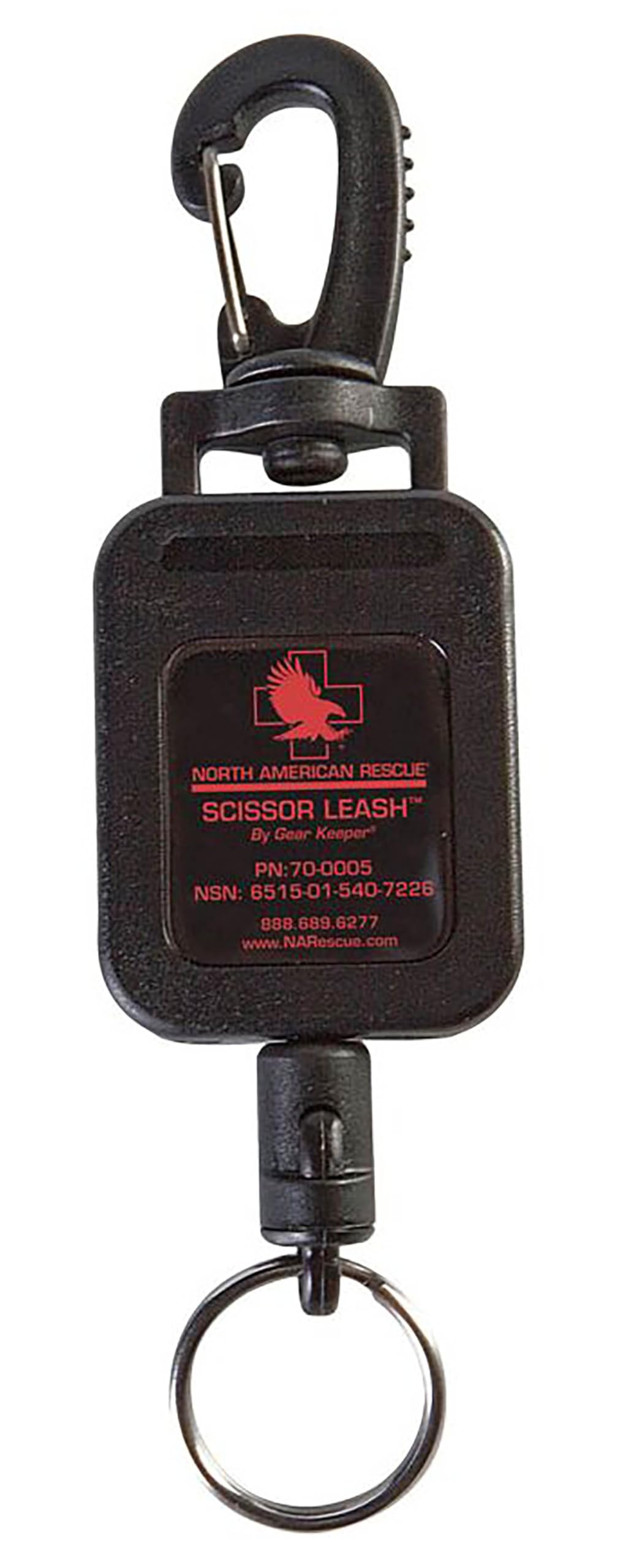 North American Rescue scissor leash avec lanière rétractable et clip, contrôle rapide.