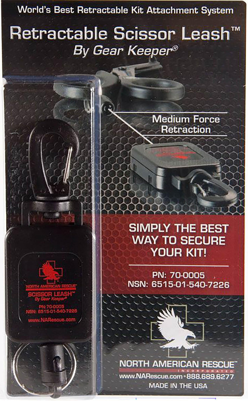 North American Rescue scissor leash se nettoie tout seul, entretien réduit sur le terrain.