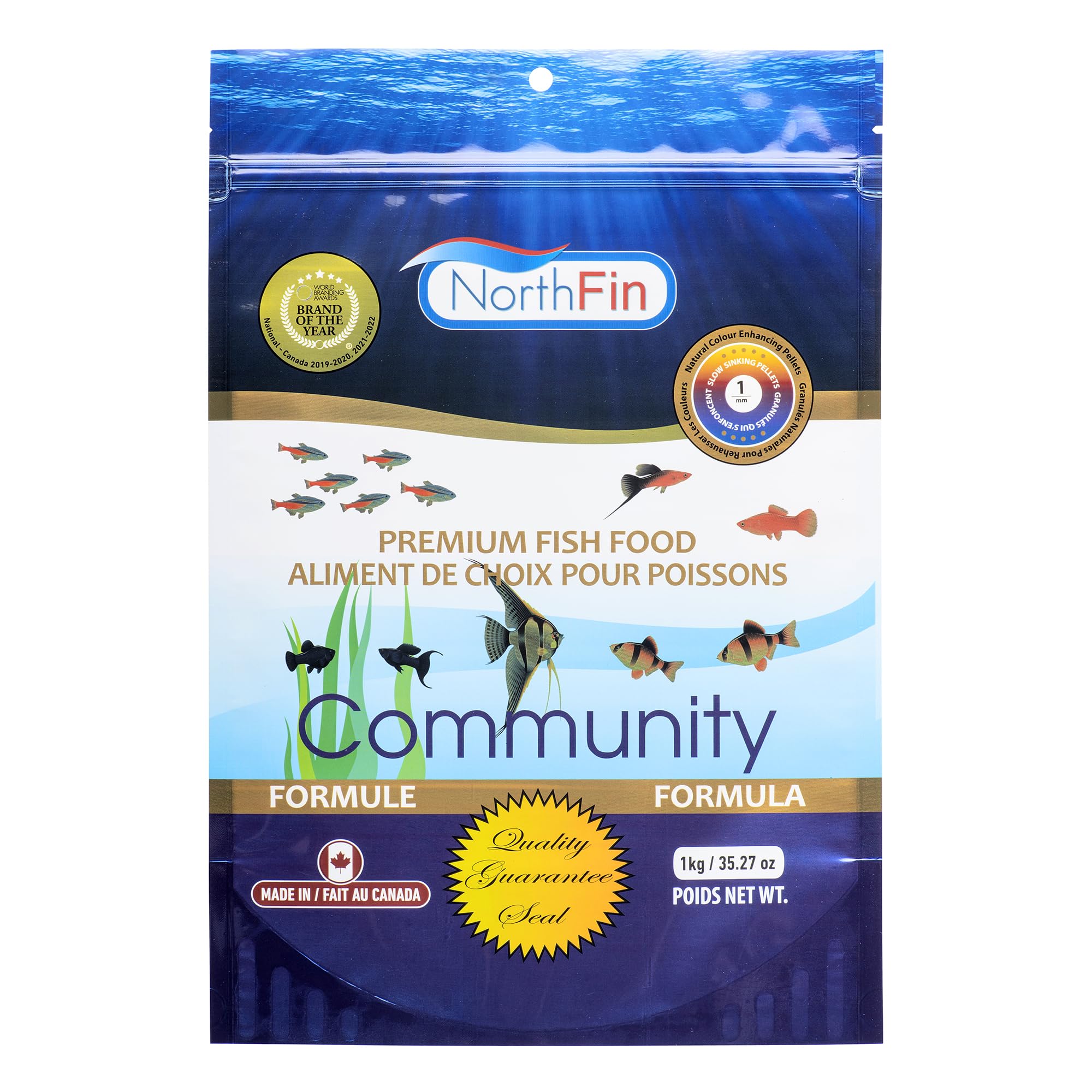 NorthFin Community Formula pellets 1 mm en gros plan pour nourrir l'aquarium