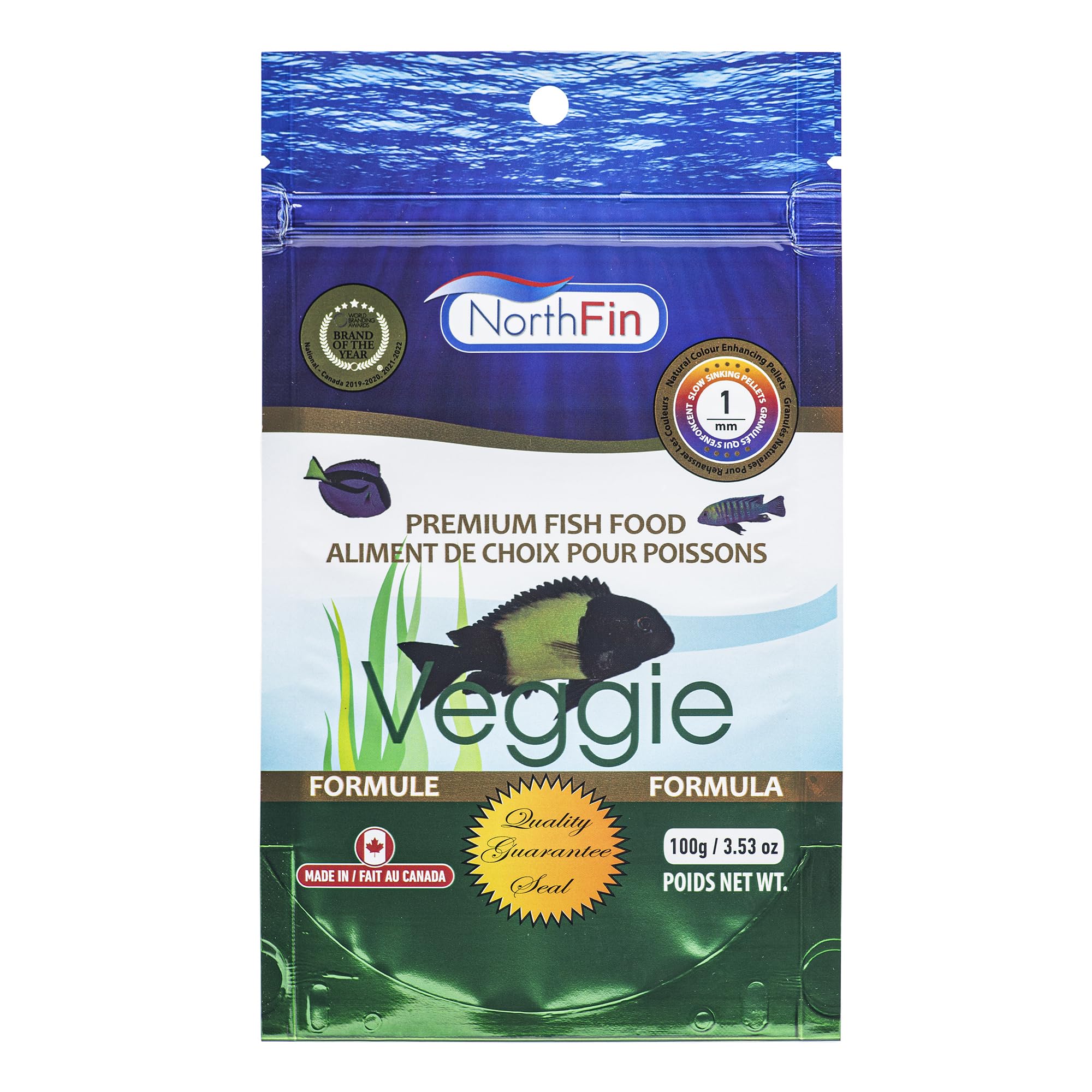 Northfin Veggie : granulés végétaux 1 mm dans un bol, alimentation adaptée pour poissons herbivores.