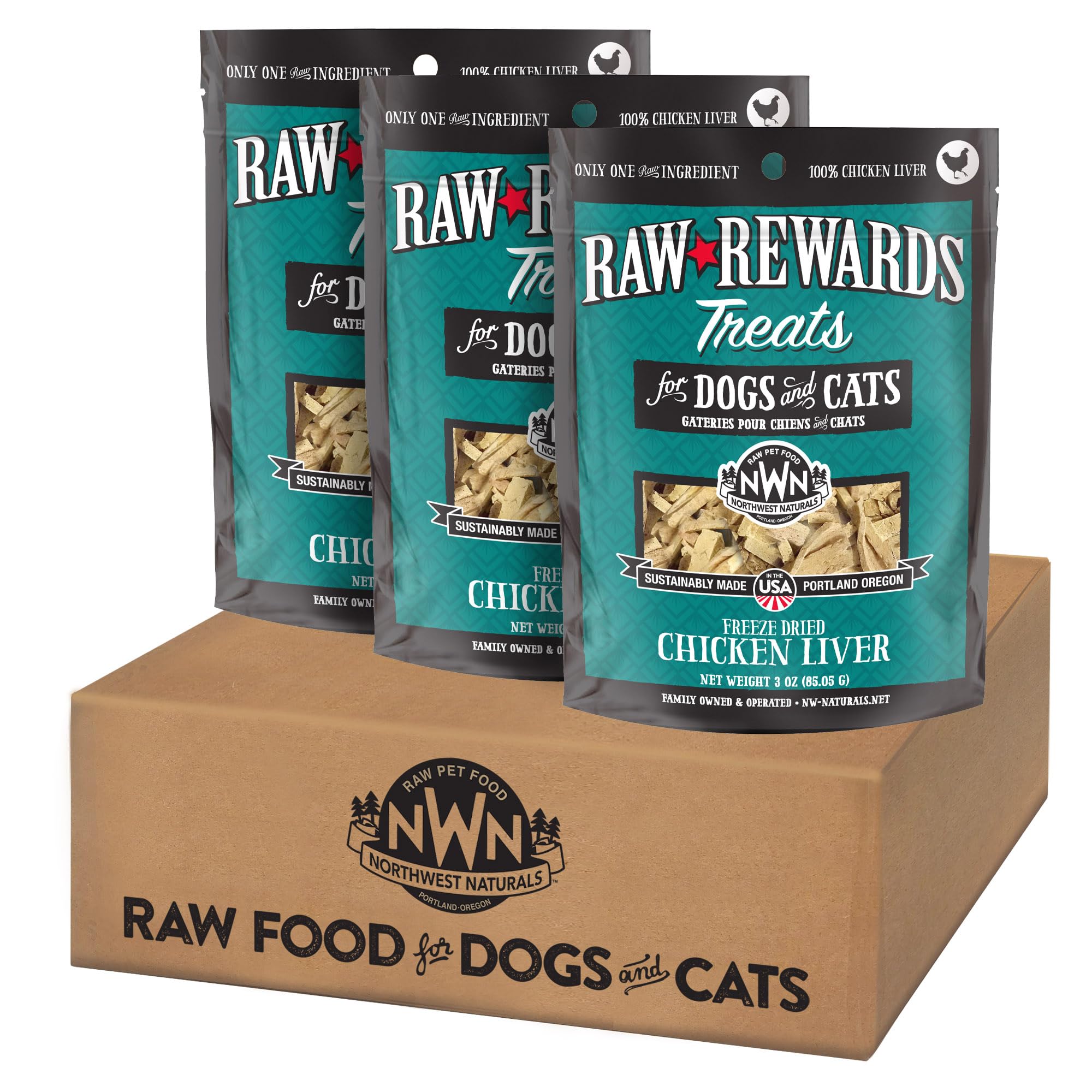 Friandises Northwest Naturals foie de poulet emballage pratique pour voyage et récompense.