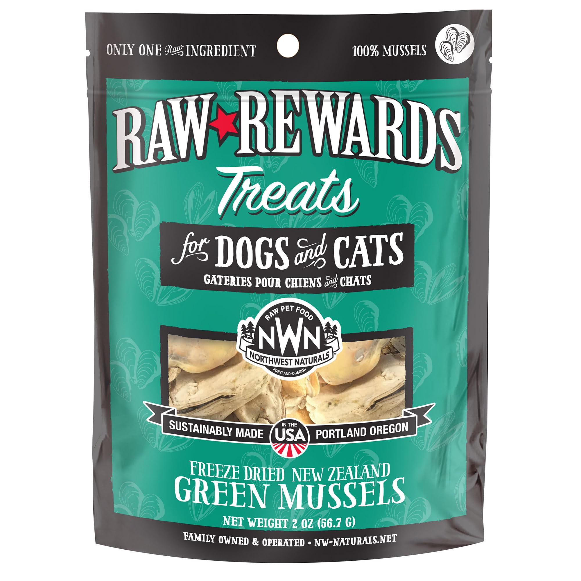 Moules vertes séchées en petits morceaux Northwest Naturals, pour chiens et chats.