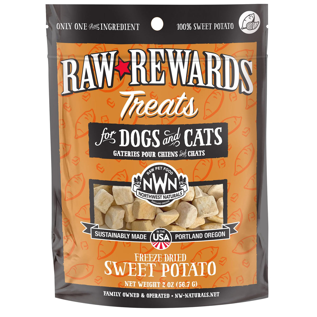 Northwest Naturals Raw Rewards patate douce, petits morceaux lyophilisés, faciles à partager pour chiens et chats.
