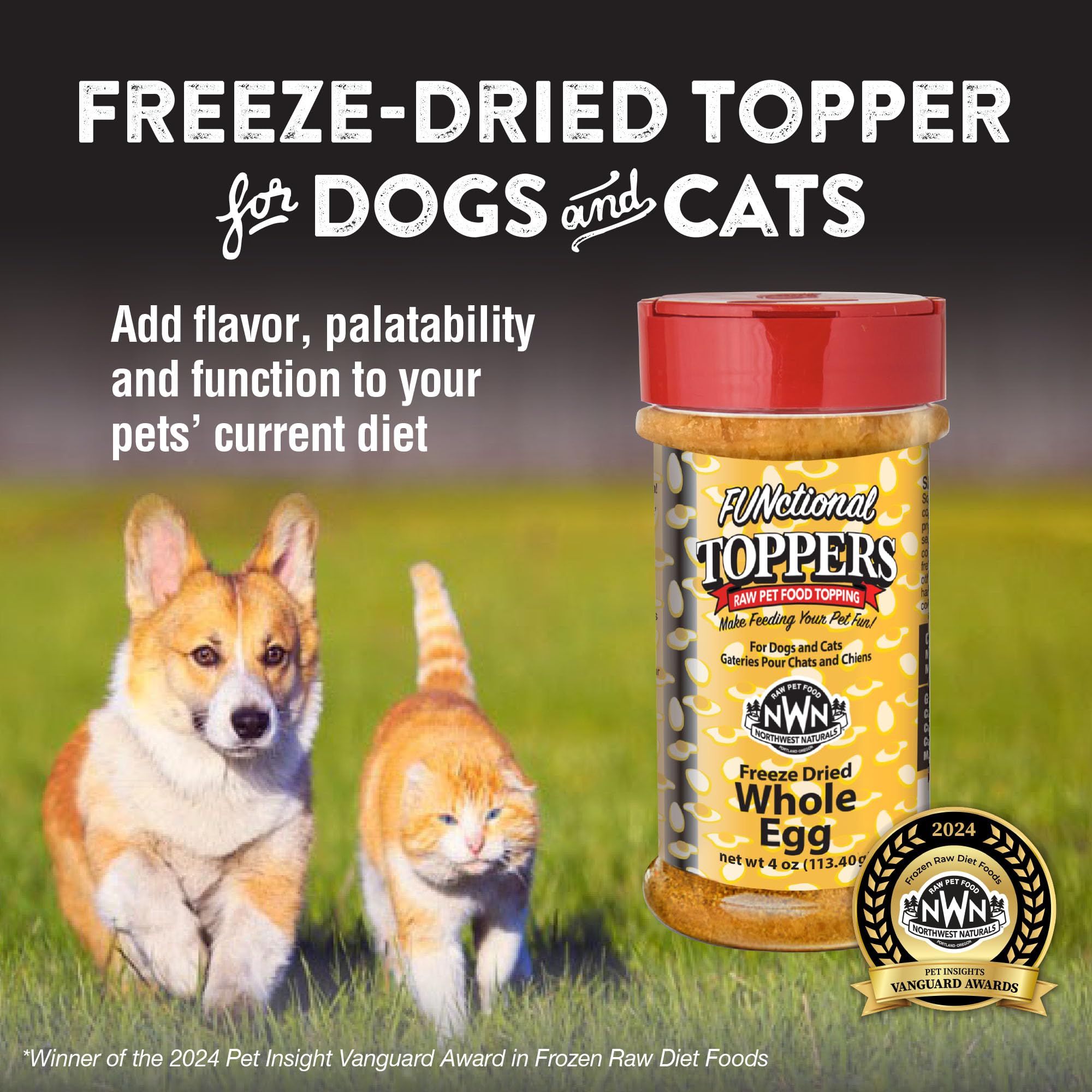 Northwest Naturals Topper œuf de poulet lyophilisé, doseuse facile pour doser l'alimentation.