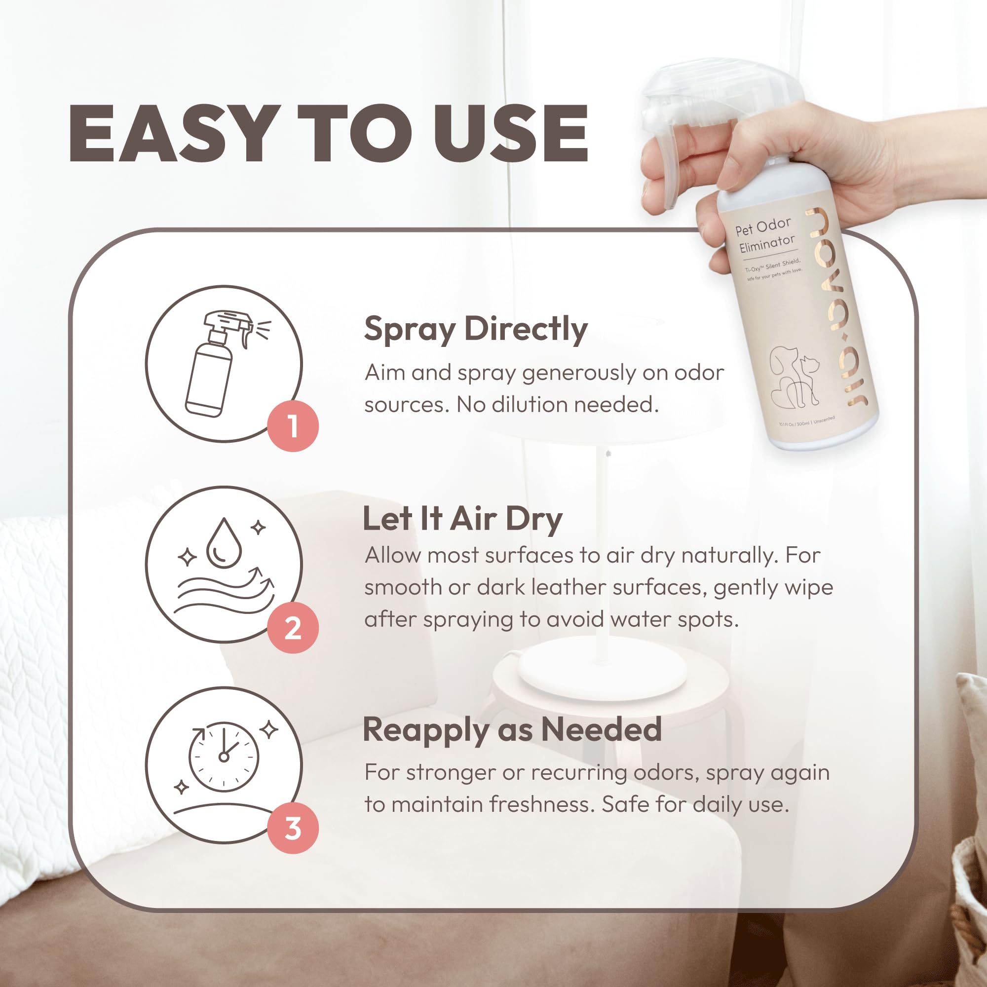 Nova-air litière desodorisation pour litière et zones d’habitation.