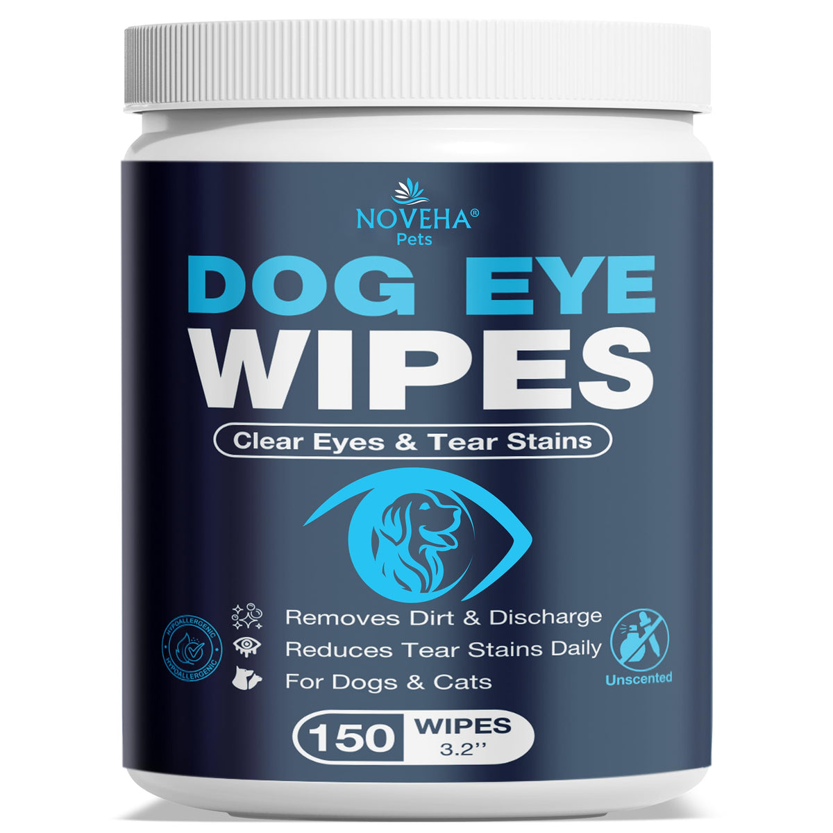 Lingettes yeux chien blanc NOVEHA, pack 150 pièces, nettoyage doux sans rinçage.