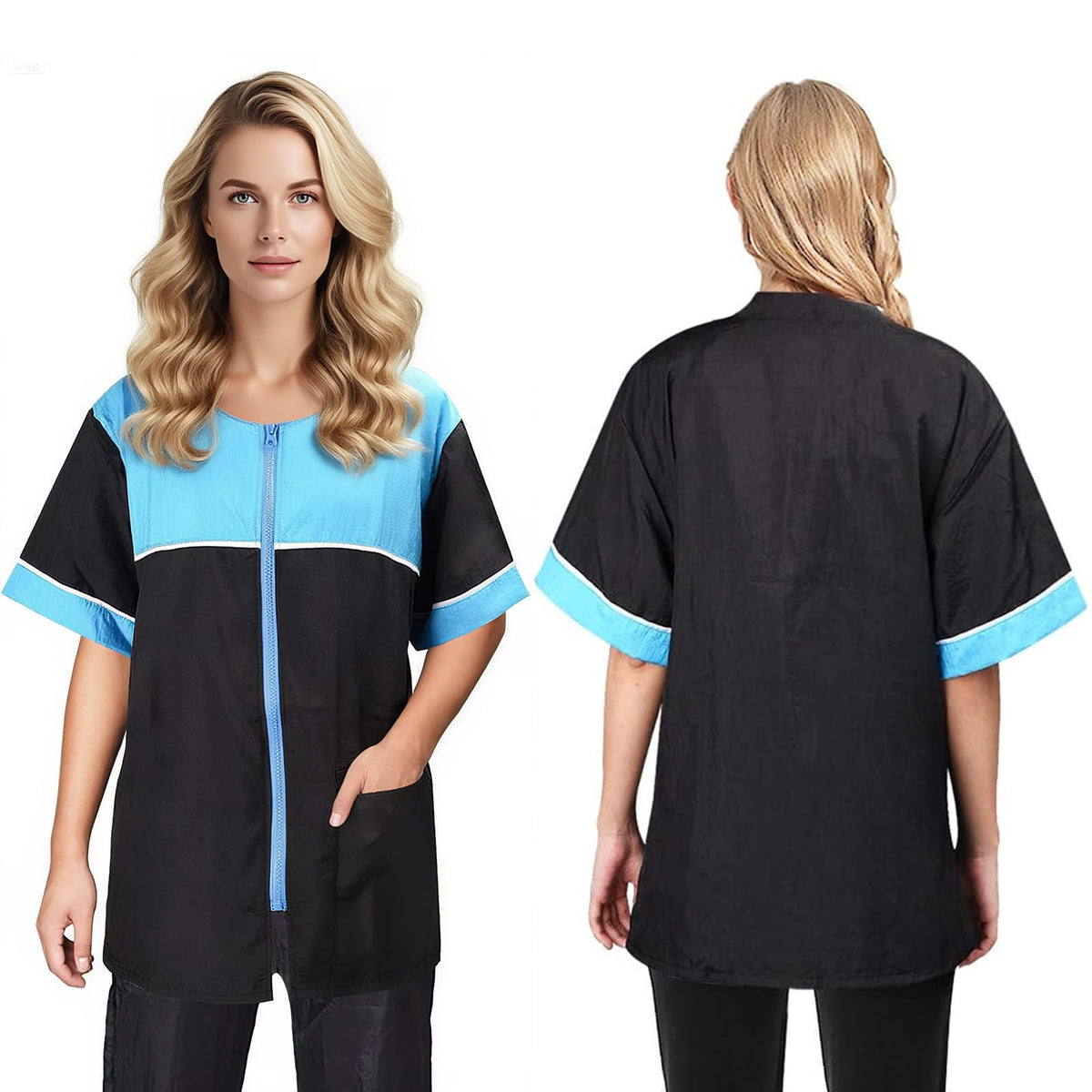 Veste de toilettage Noverlife avec fermeture éclair sur le devant, pratique pour enfiler rapidement.