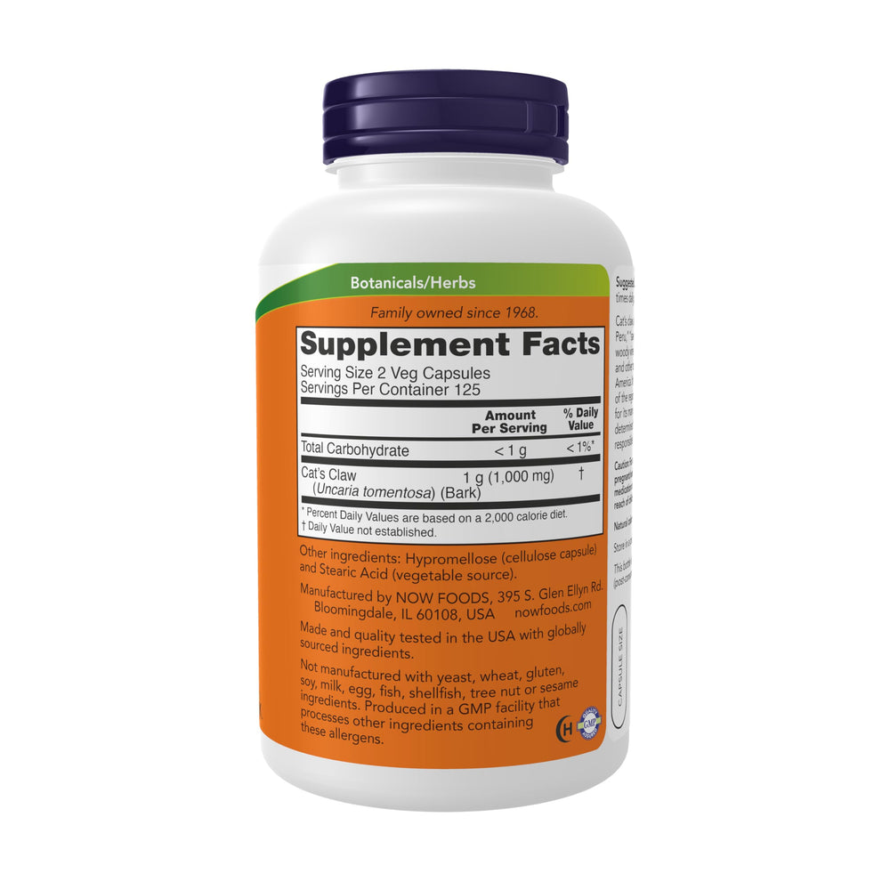 NOW Foods Griffe de Chat bouteille capsules; format pratique pour usage régulier.