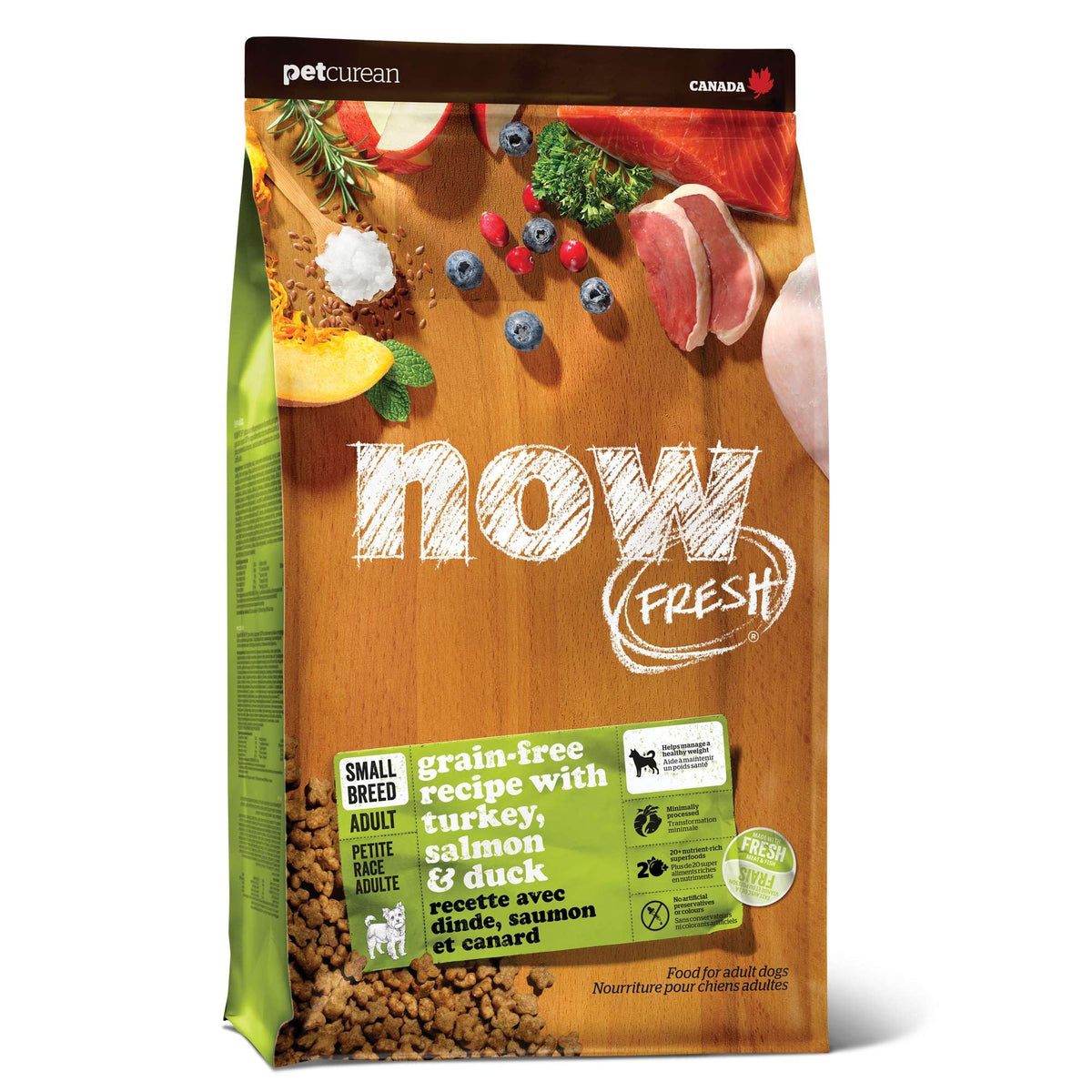 Now Fresh petites croquettes sans céréales, format 2,7 kg, pratique et digestible pour petits chiens.