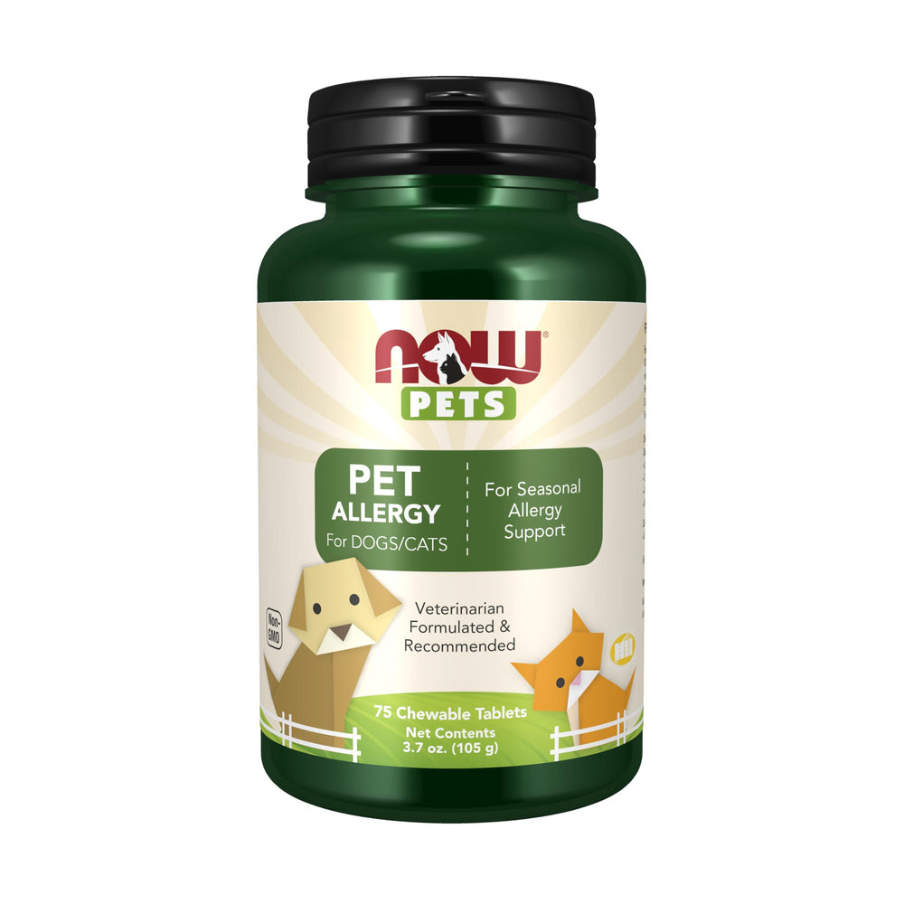 NOW Pets Allergie – bouteille montrant le format pratique pour chats et chiens.
