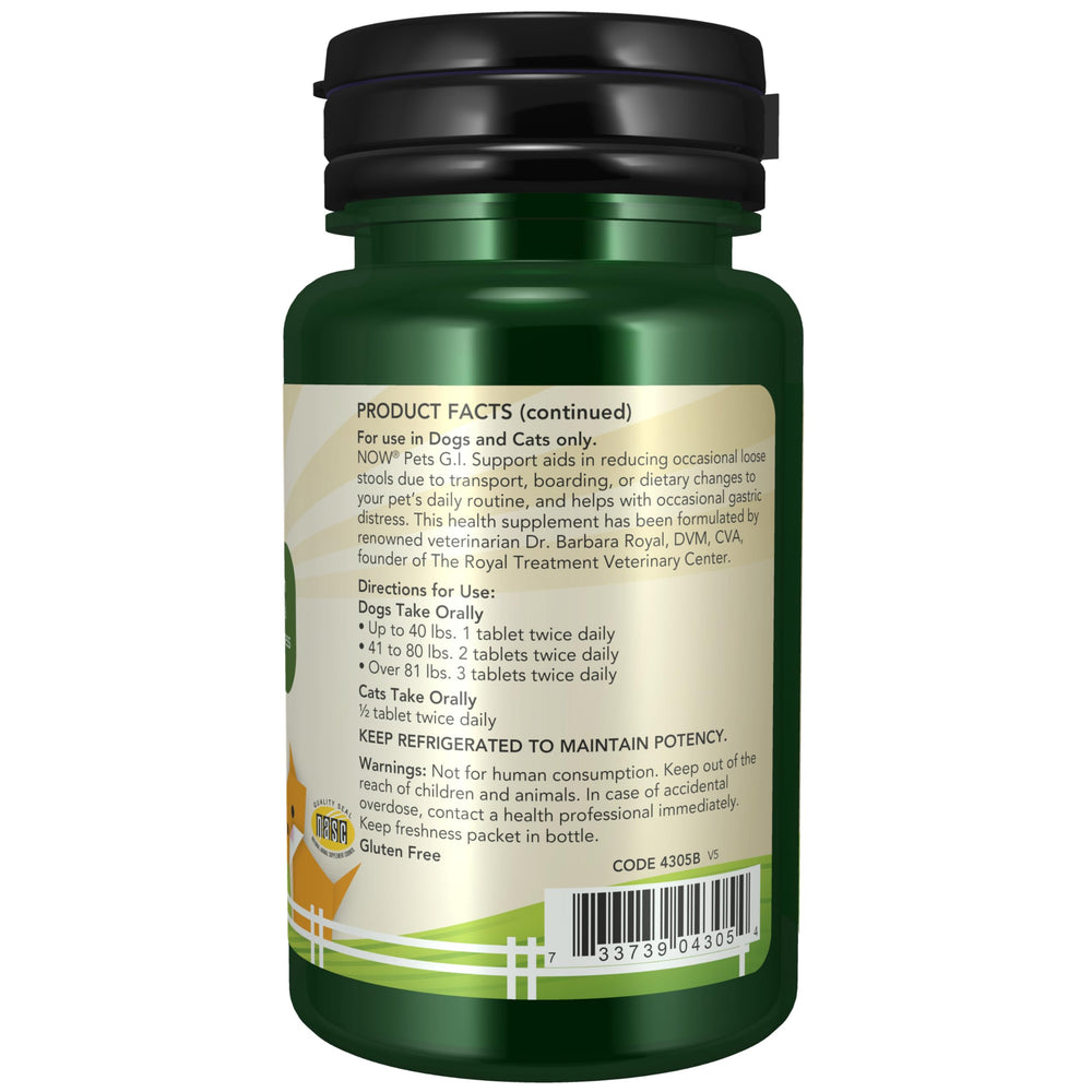 NOW Pets G.I. Support, flacon de 90 tablettes, pratique pour la routine quotidienne.