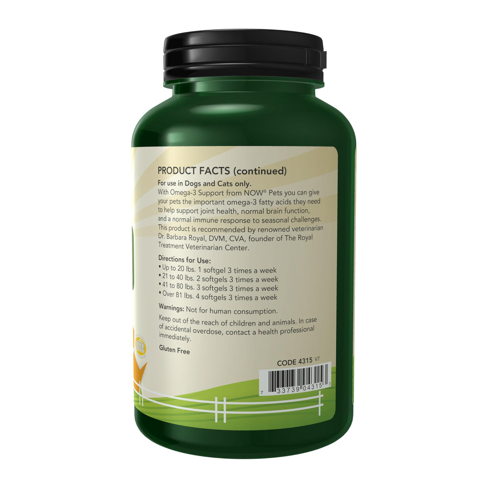NOW Pets Omega-3, flacon 180 gélules, formulation adaptée chiens et chats.