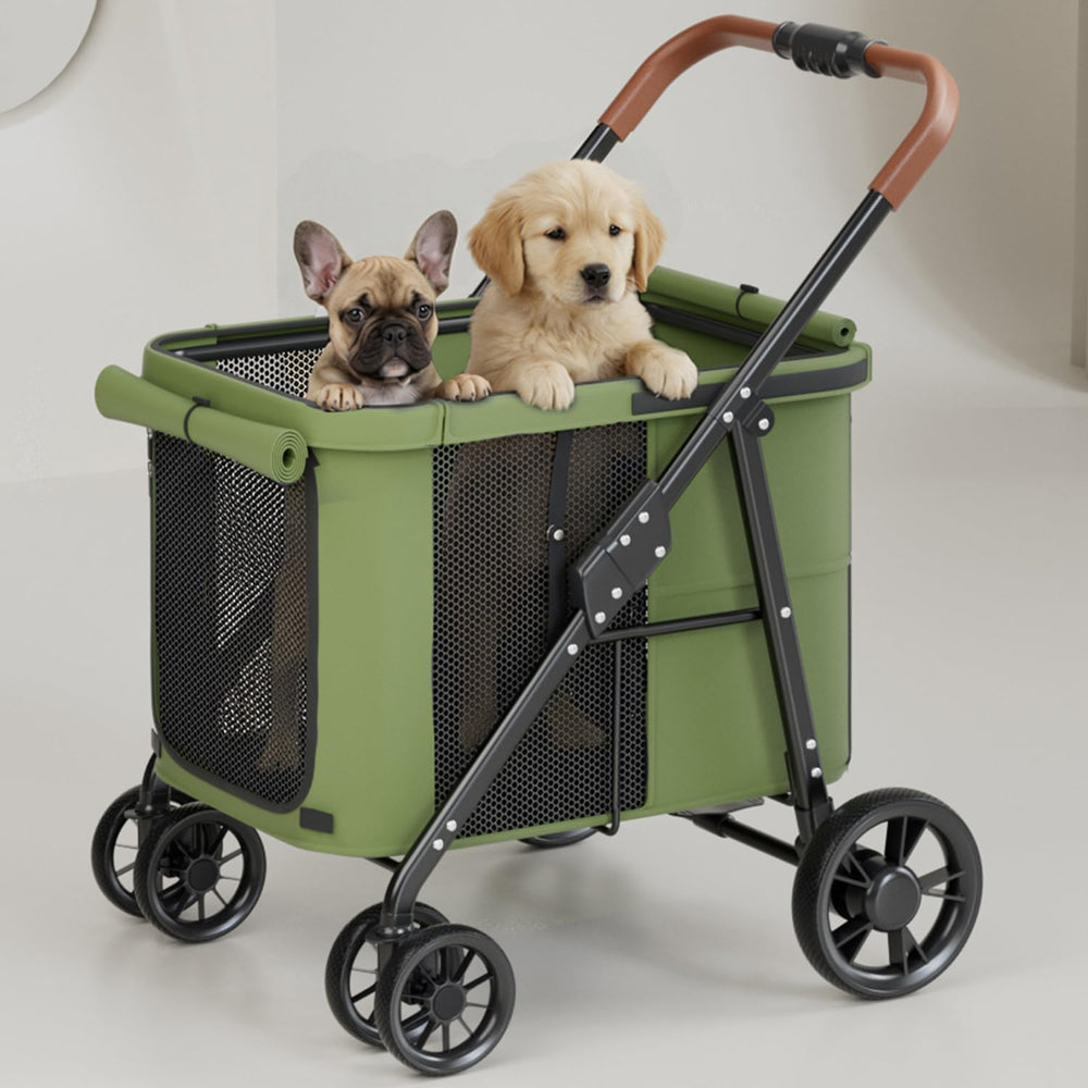Chariot NUGUTIC pour chien grand en extérieur offrant stabilité sur terrain varié.