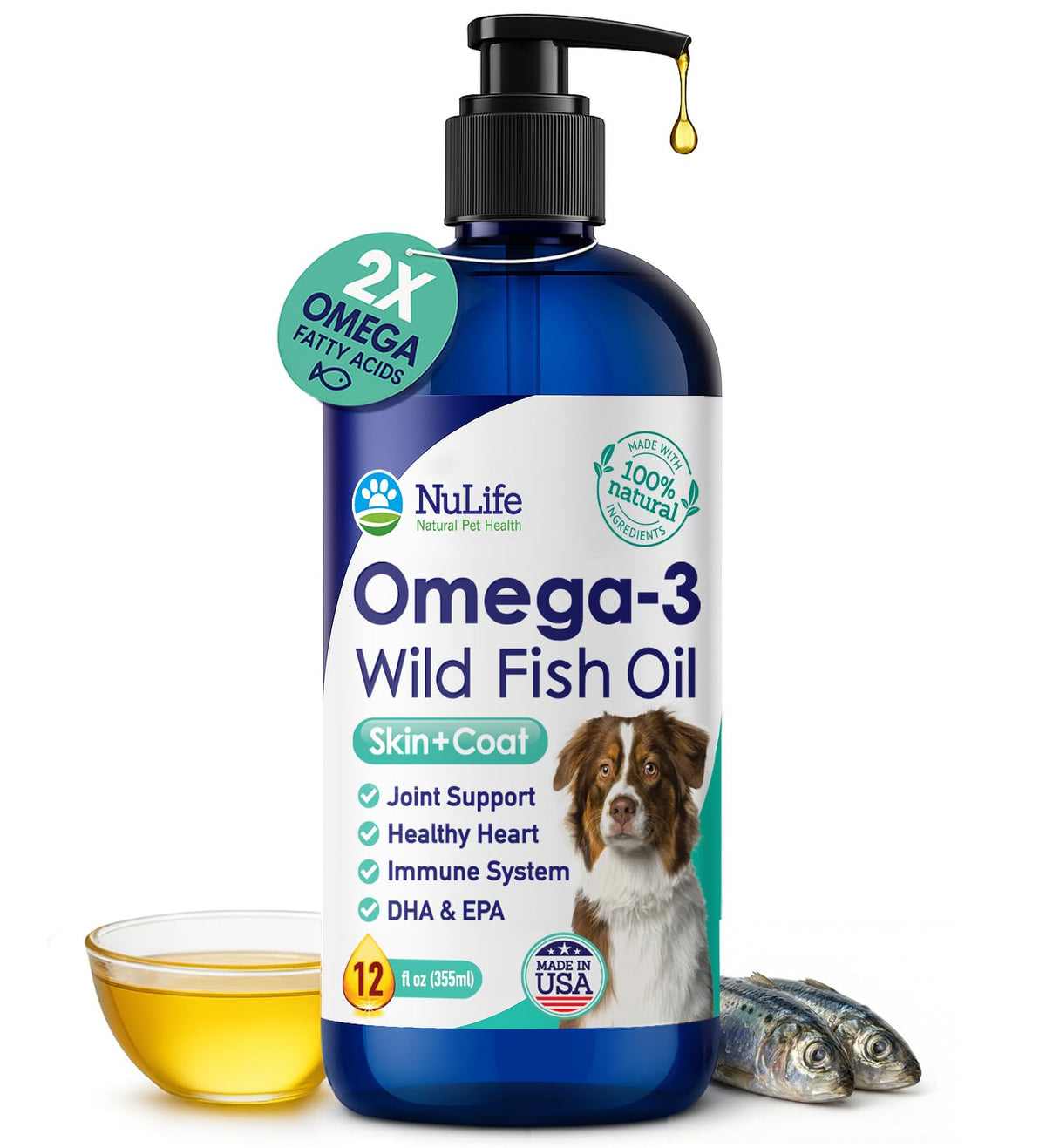 NuLife Oméga3 pour chien — flacon, pelage plus brillant et peau saine.