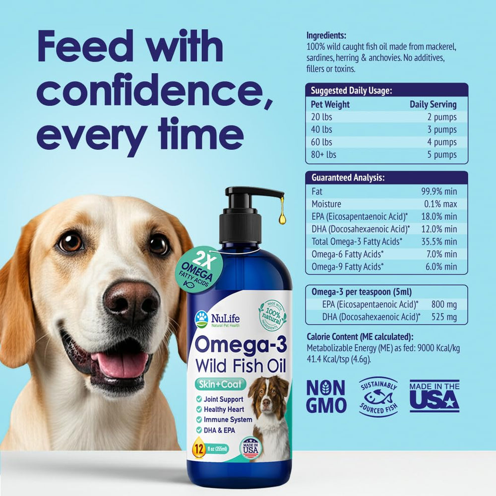 NuLife Oméga3 pour chien — sans additifs et distillation sûre.