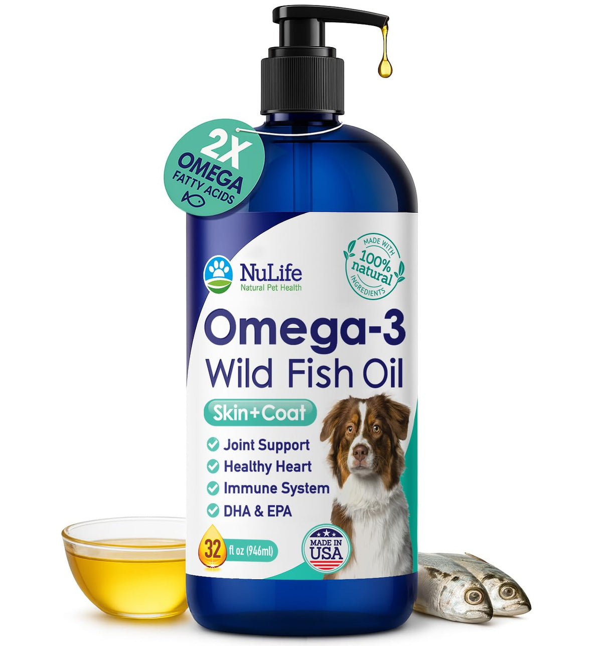 NuLife Huile Poisson Chien Bouteille 32oz – pelage doux et peau saine.