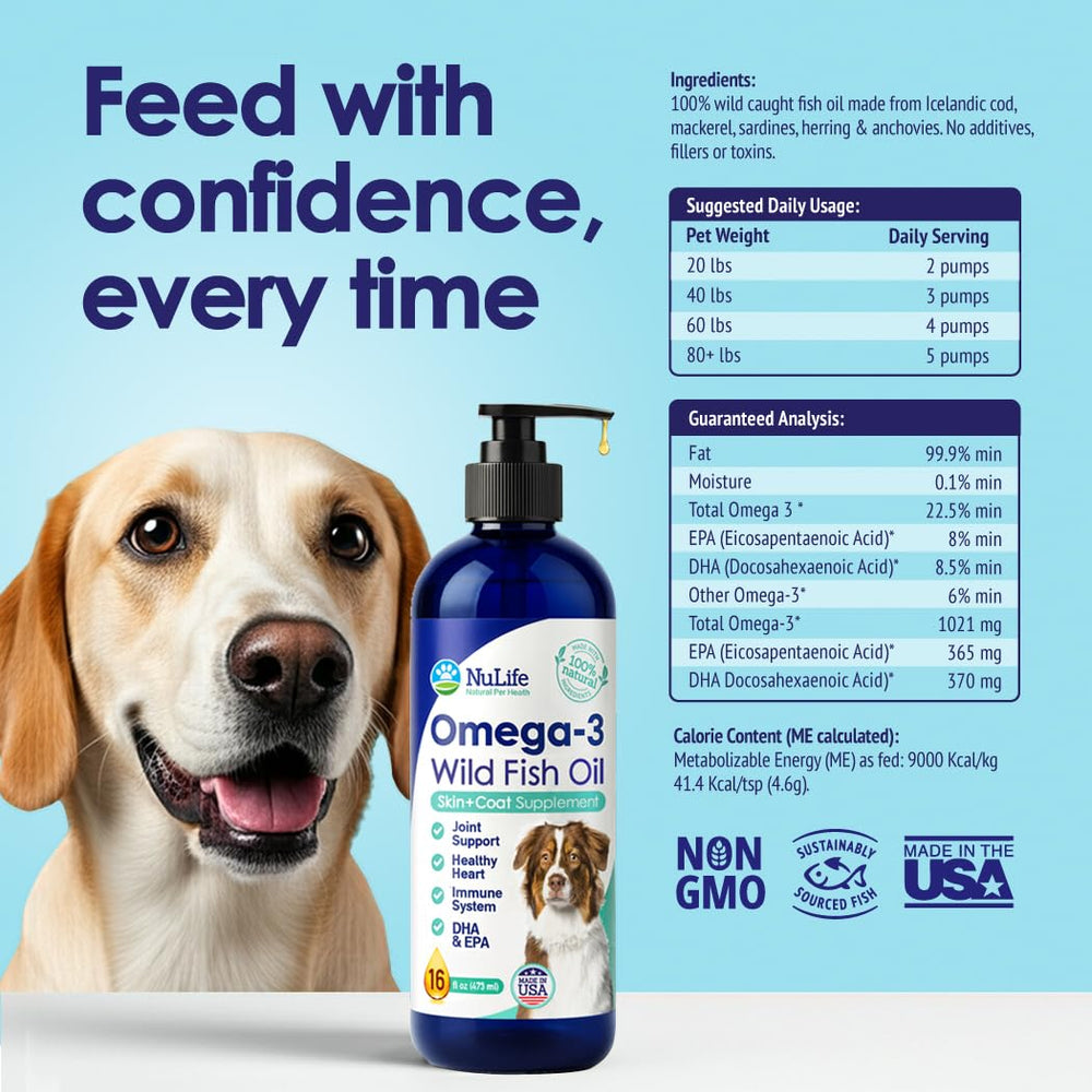 NuLife Huile Poisson Chiens — EPA et DHA pour énergie et mobilité.