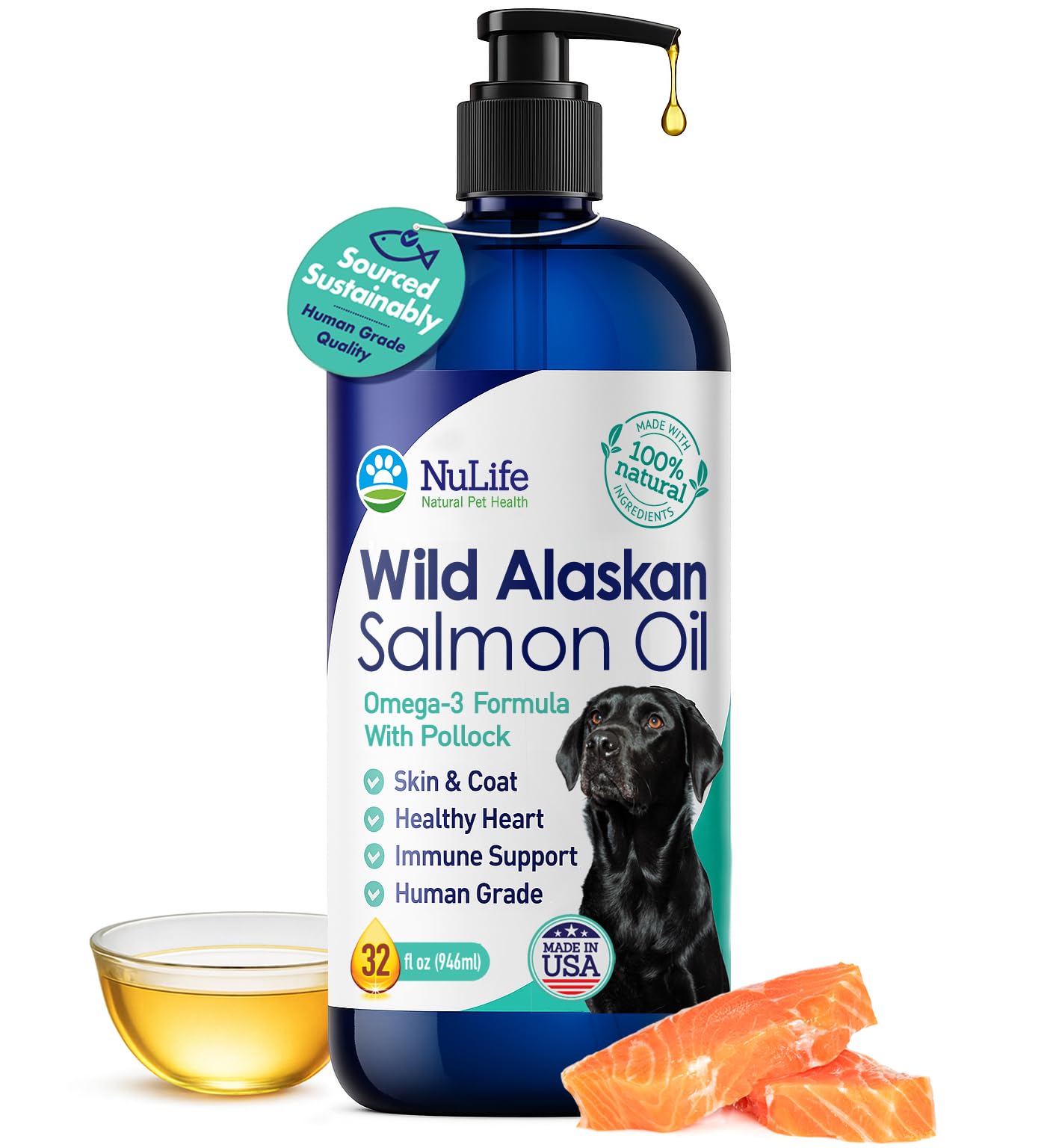 NuLife huile saumon alaskien pour chien – bouteille pompe pratique pour dosage précis
