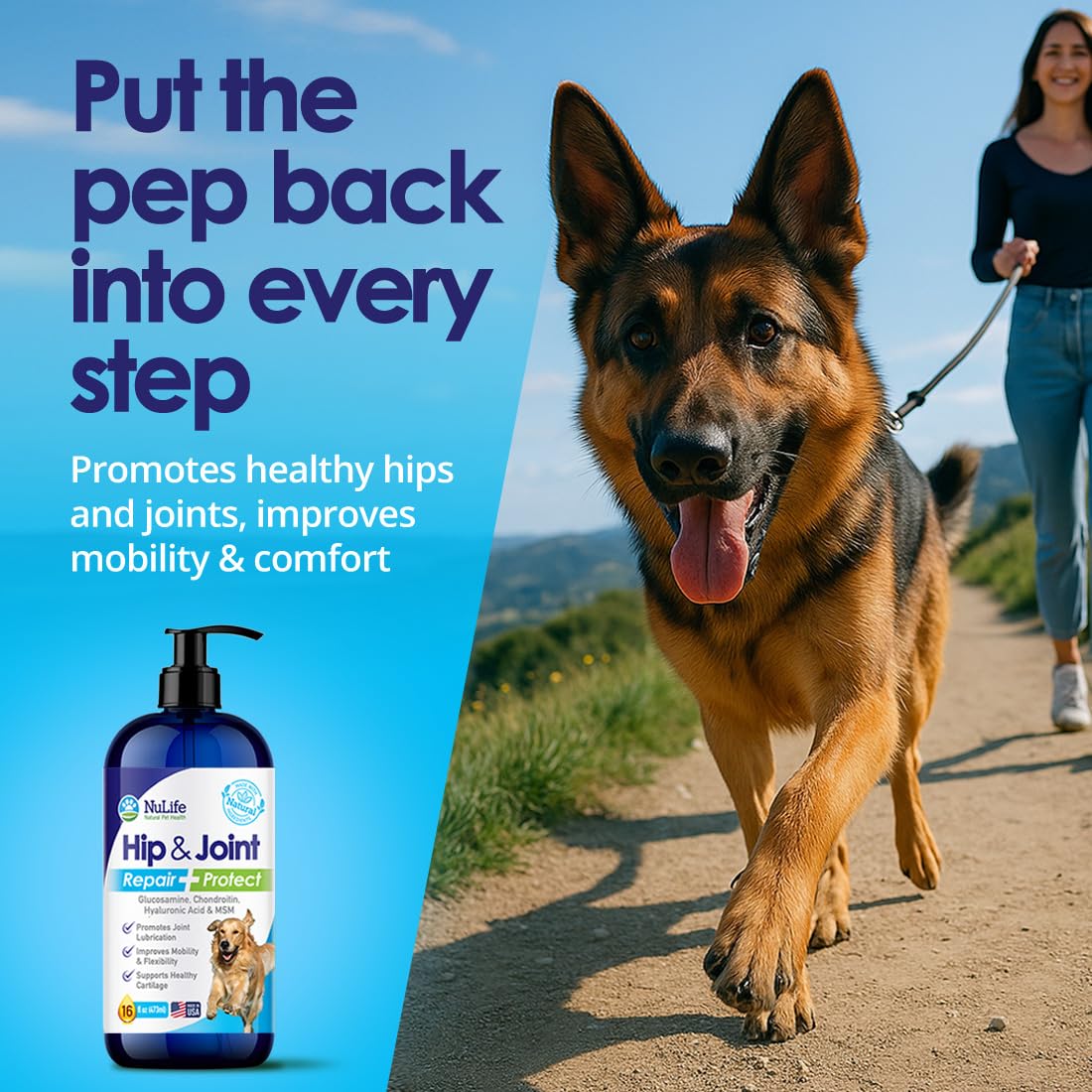 NuLife Naturel Santé glucosamine liquide pour chien — pompe pratique pour dosage facile.