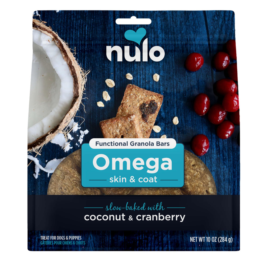 Barres granola fonctionnelles Nulo en emballage, snack sain pour chien actif