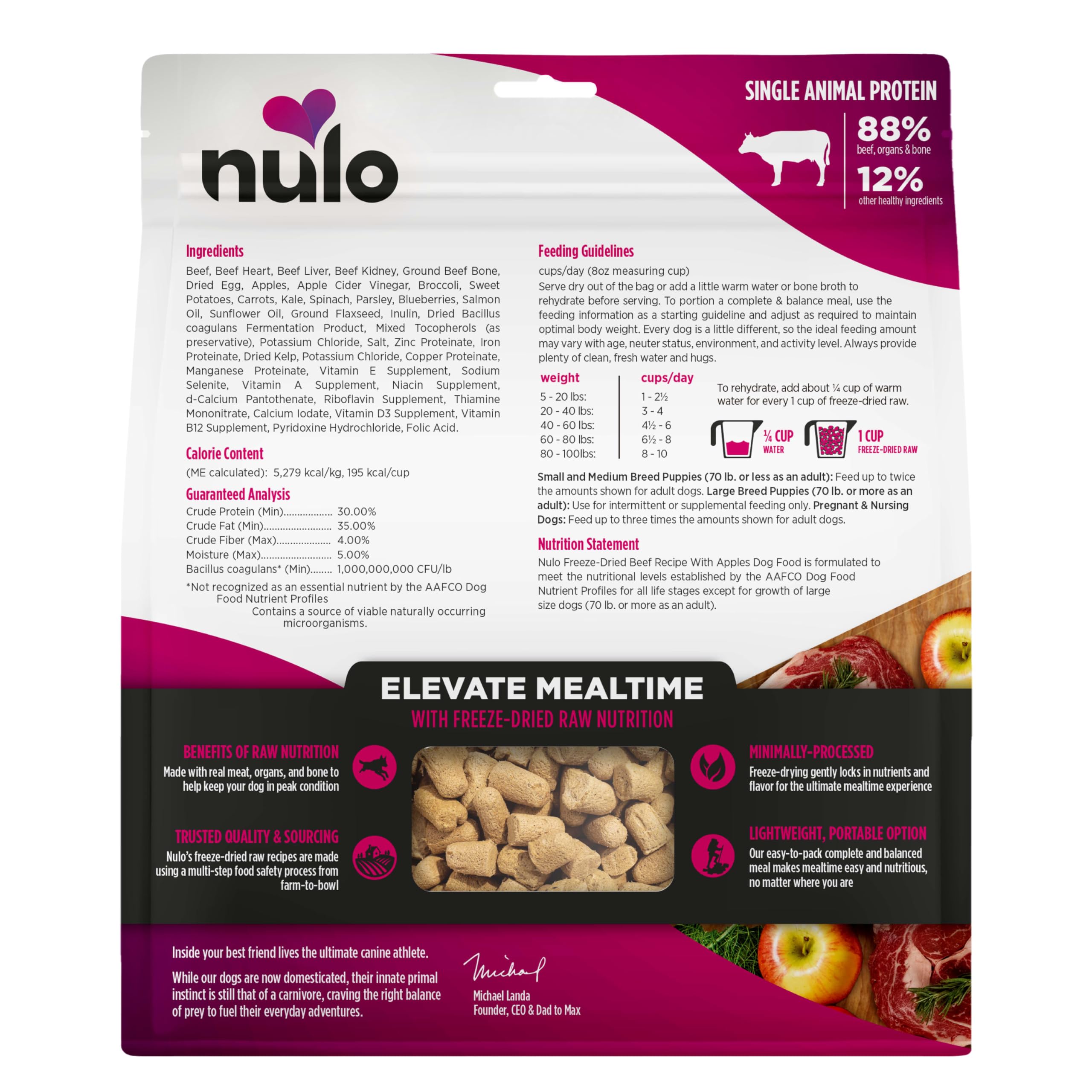 Nulo boeuf lyophilisé et pommes, complément savoureux pour chiens actifs.