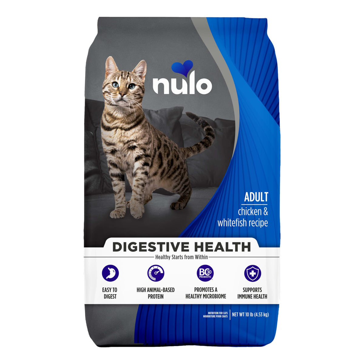 Nulo Digestive Health chat sac 10 lb, format pratique pour l'alimentation quotidienne.