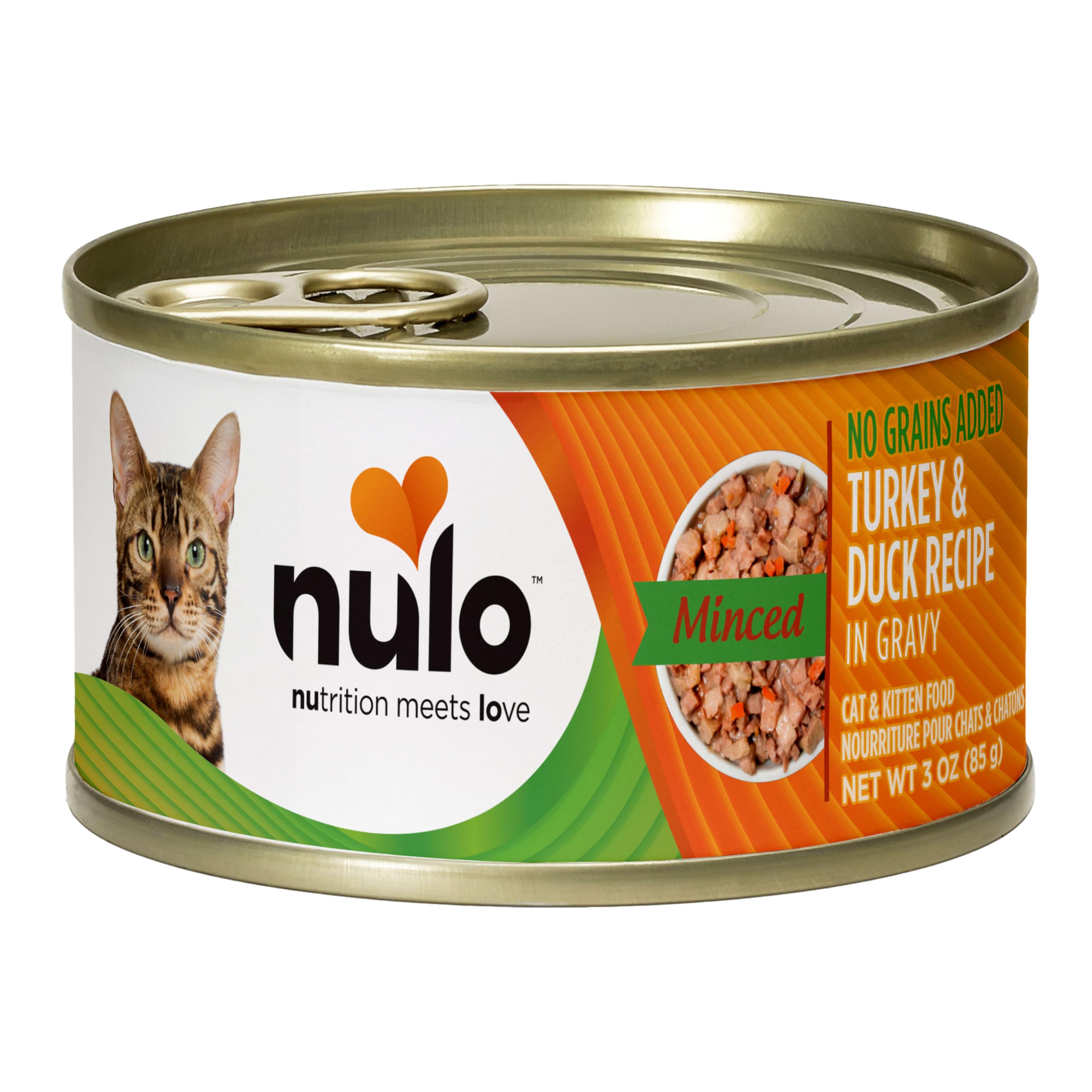 Nulo Dinde et Canard hachés en sauce, portions pratiques en conserve.