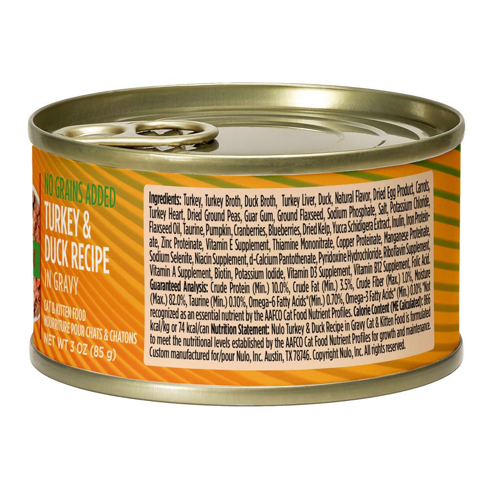 Nulo Dinde et Canard hachés en sauce, repas savoureux pour chats actifs.