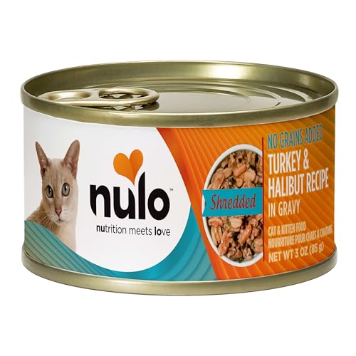 Nulo Dinde et Halibut sans céréales – conserve 85 g ouverte, texture tendre et appétissante.