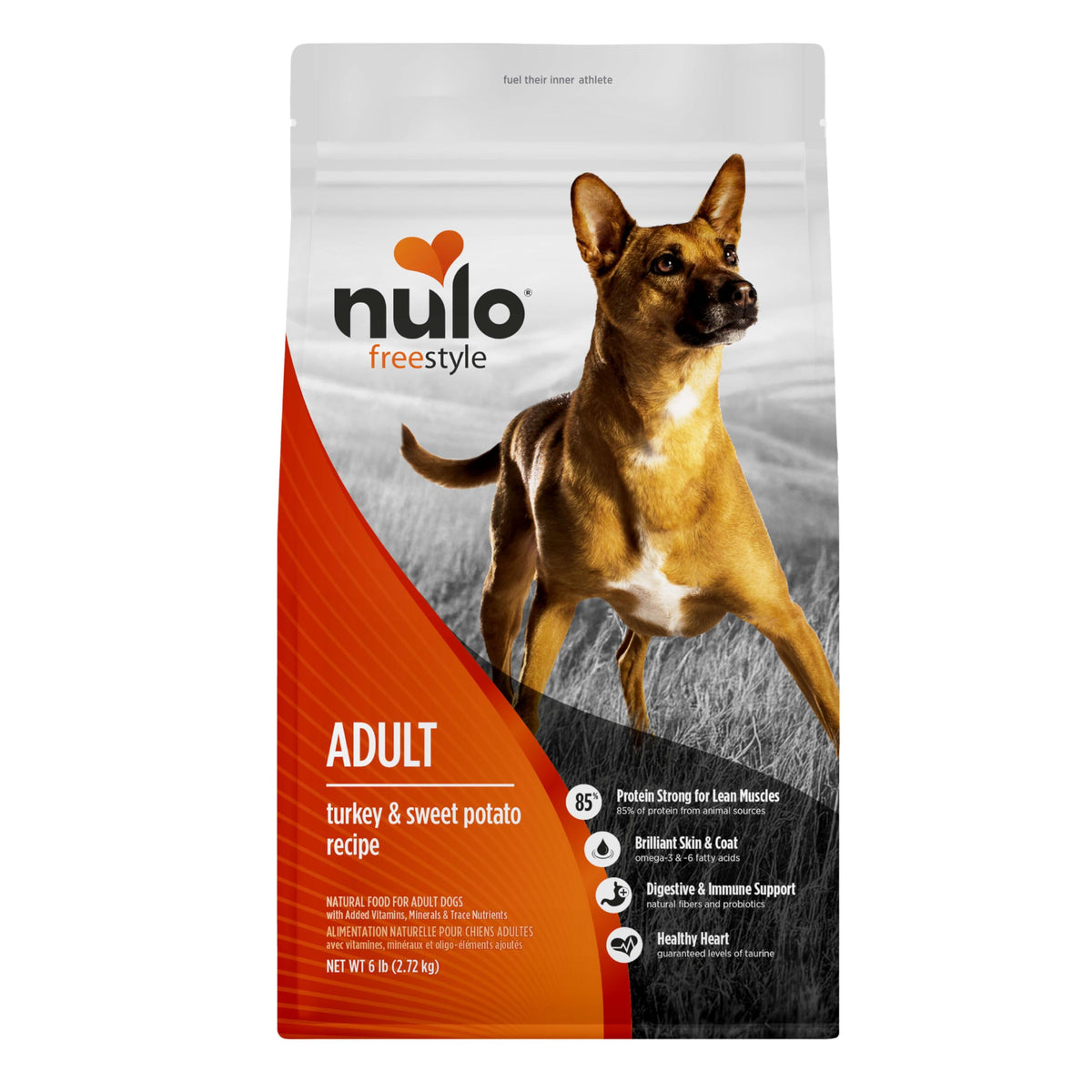 Nulo Freestyle montre l’alimentation du chien adulte avec dinde comme premier ingrédient pour une énergie durable.