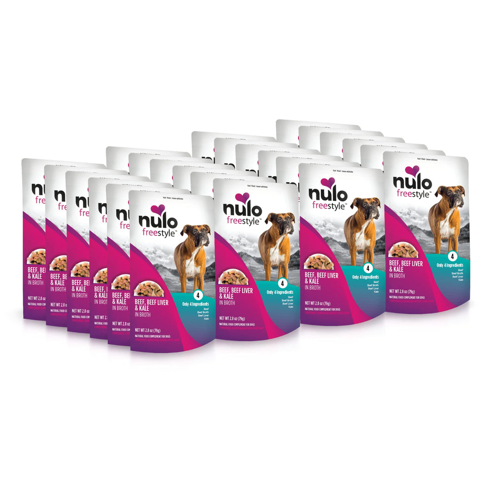 Nulo Freestyle boeuf foie kale en bouillon, lot de 24 sachets sans cereales, pratique.