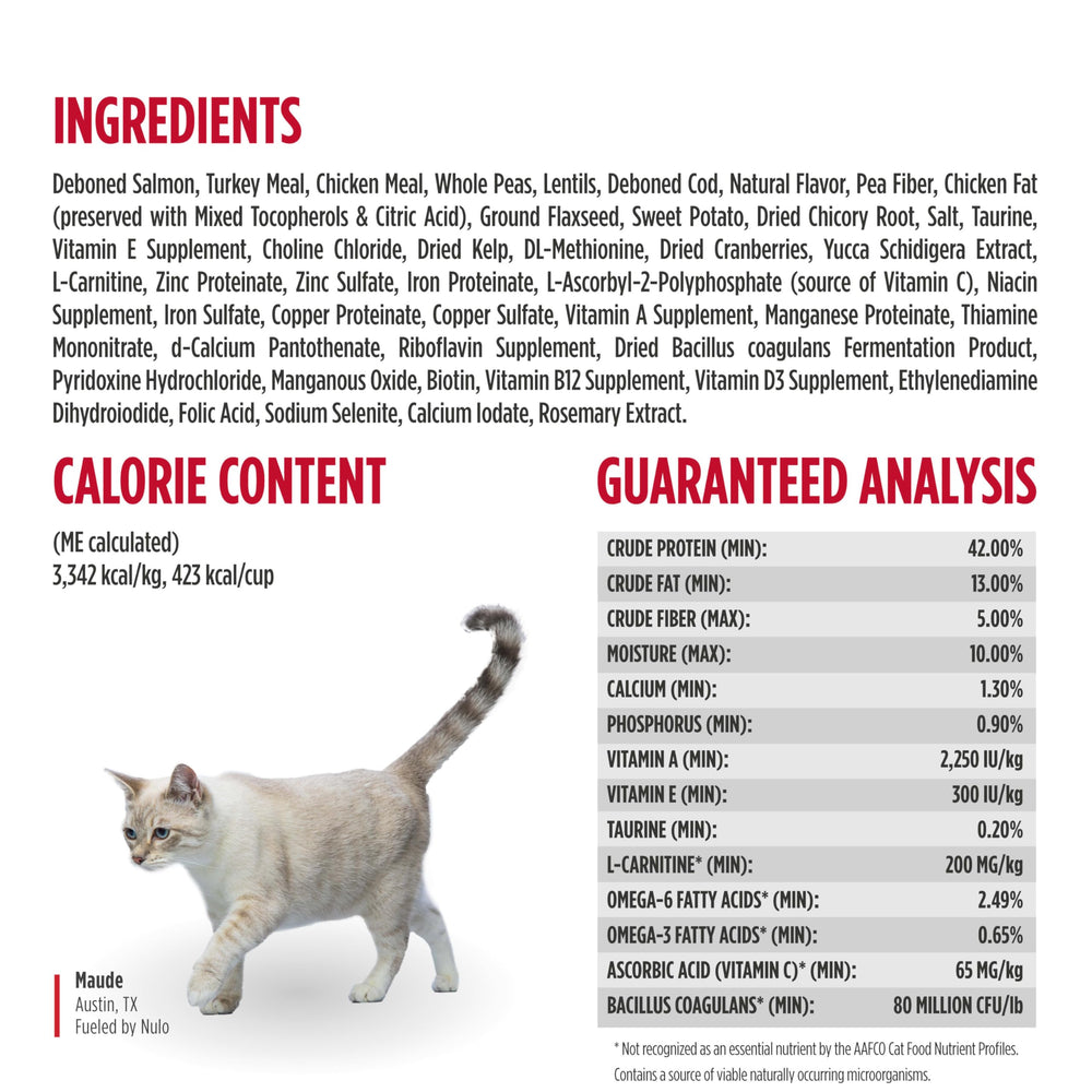 Nulo FreeStyle Chat Trim saumon-lentilles ingrédients premium sans céréales.