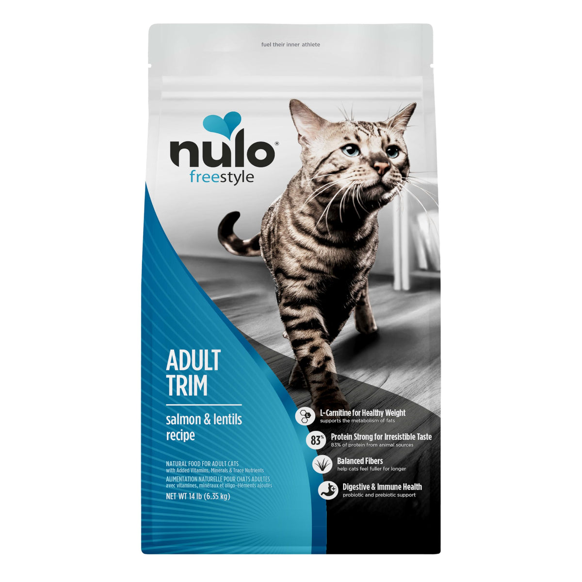 Nulo FreeStyle Chat Trim saumon-lentilles, premier ingrédient saumon réel soutenant les muscles.