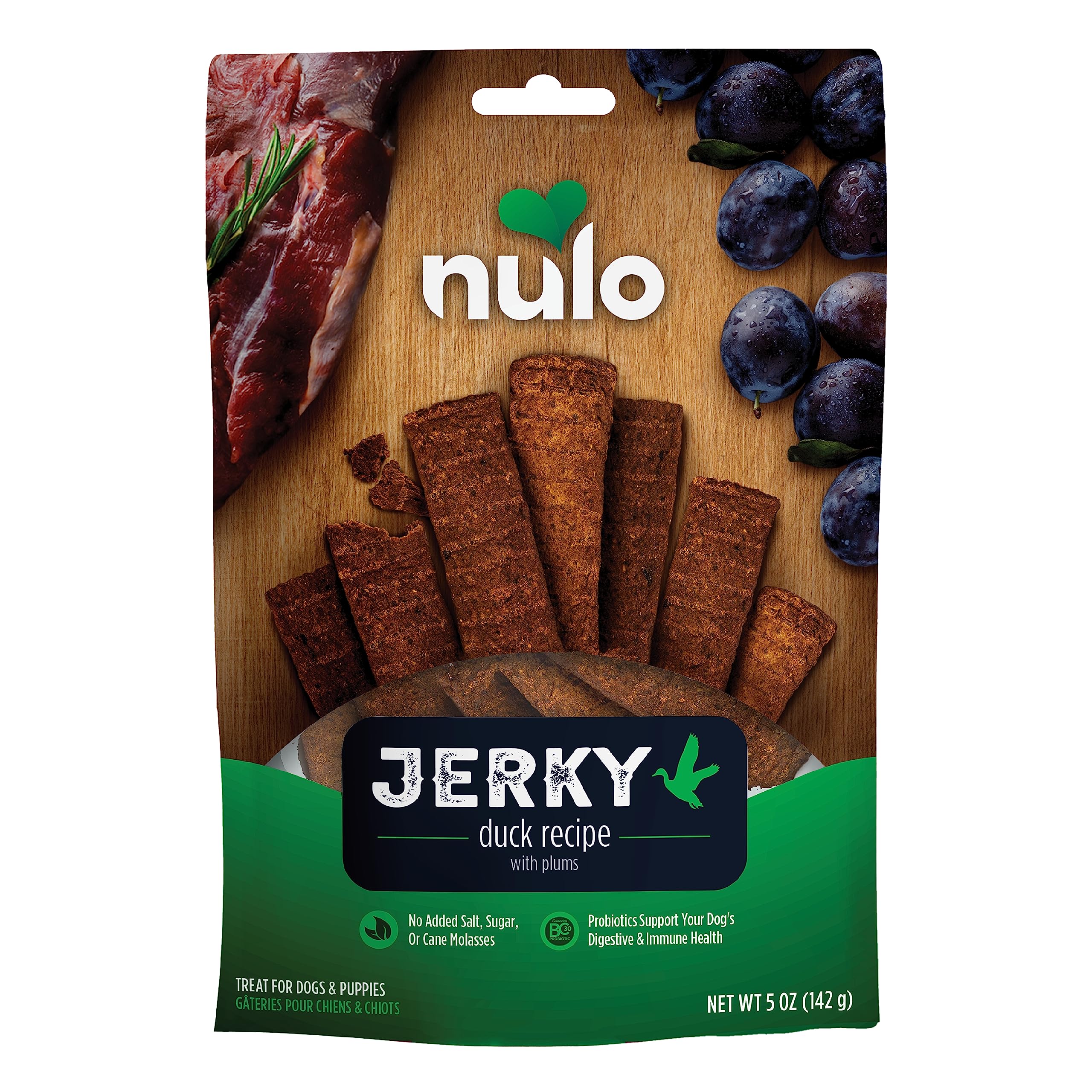 Nulo Jerky Premium Canard-Plums – récompense lors d'un entraînement.